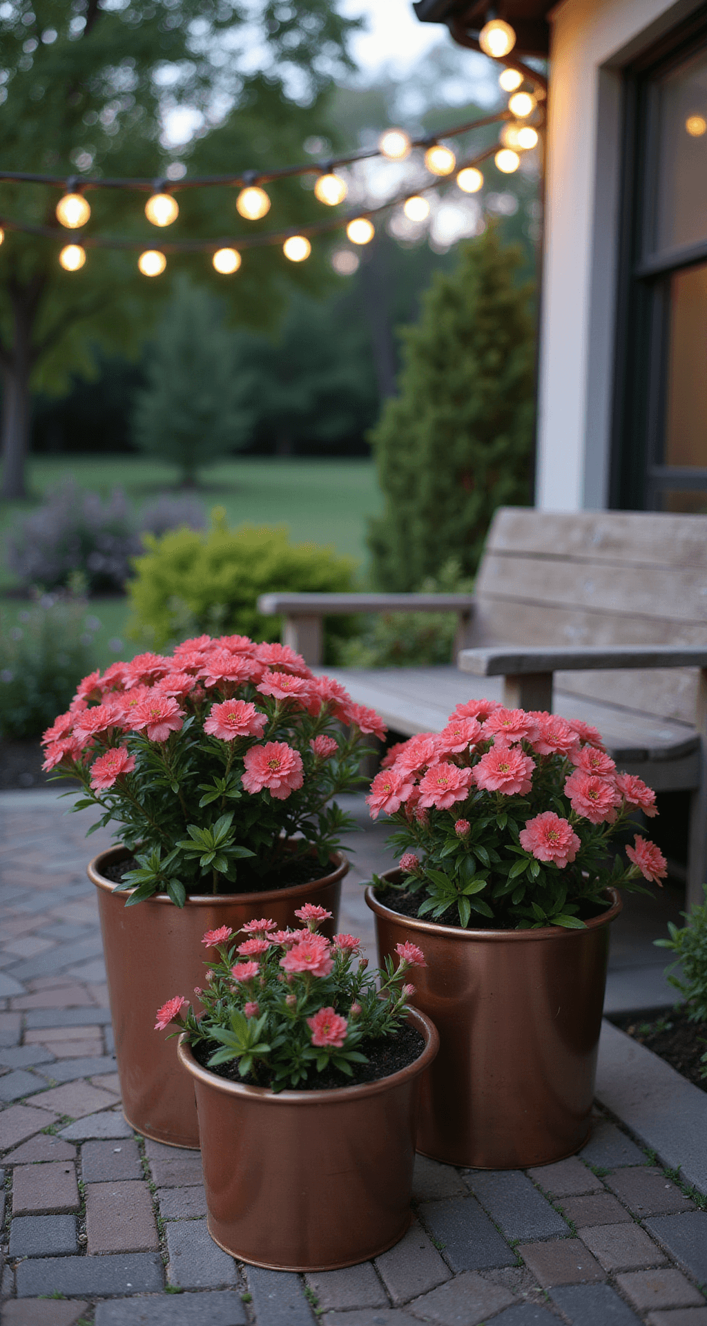 Azalea Gardens: Your Ultimate Design Guide to Colorful Landscape Magic A serene container garden vignette featuring three copper patina containers with dwarf 'Autumn Sangria' azaleas on a herringbone brick patio, illuminated by soft side lighting and overhead string lights creating a bokeh effect. A weathered teak bench adds context, captured at a 45-degree angle during blue hour.