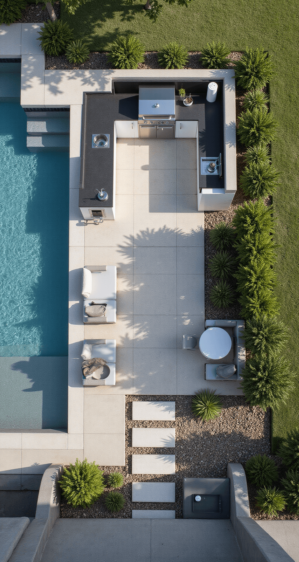 Modern Outdoor Kitchen Ideas for 2025: Transform Your Backyard into a Culinary Paradise Overhead view of a compact 12x18ft outdoor kitchen with high-end dual fuel grill, white marine-grade cabinets, dark concrete countertops, integrated bar seating, and LED-lined stepping stones, all highlighted by midday sun.
