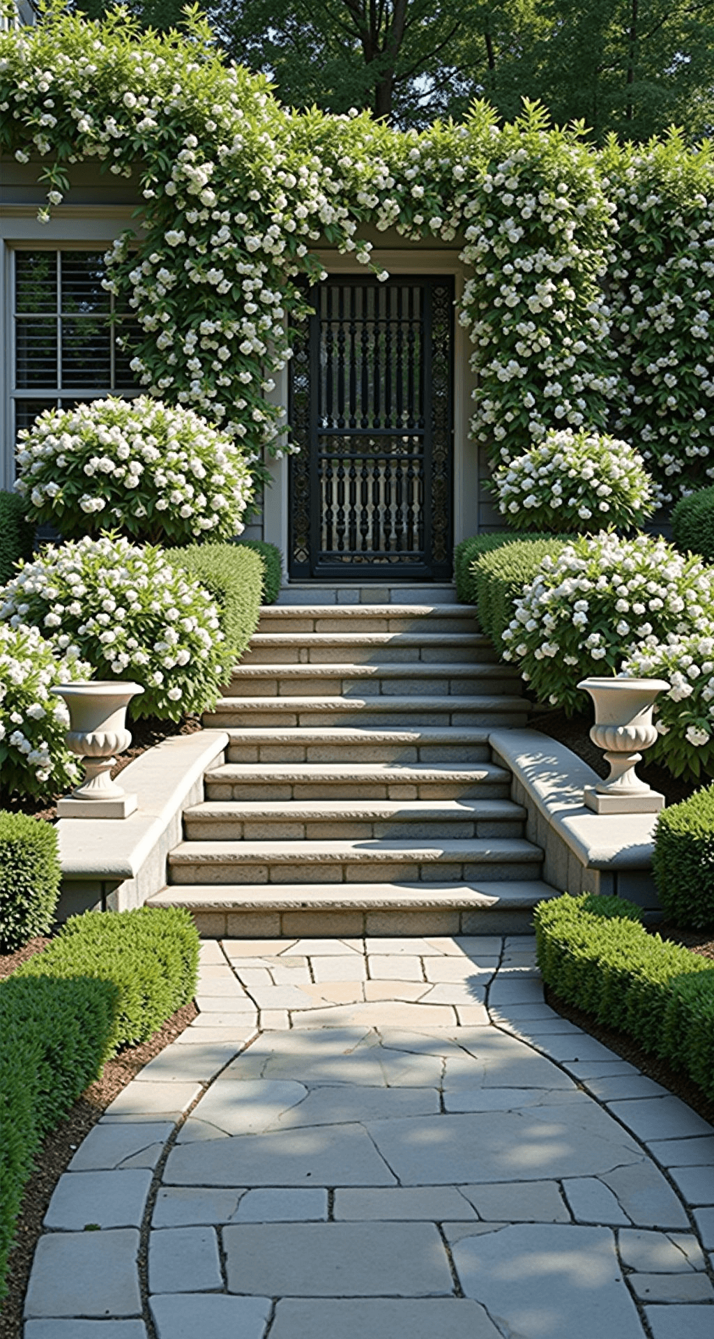 Azalea Gardens: Your Ultimate Design Guide to Colorful Landscape Magic A symmetrical formal garden entrance features white 'Pleasant White' azaleas flanking curved stone steps, with classical limestone urns at corners and climbing hydrangea on an adjacent wall, while sharp shadows form geometric patterns on the bluestone pavers.