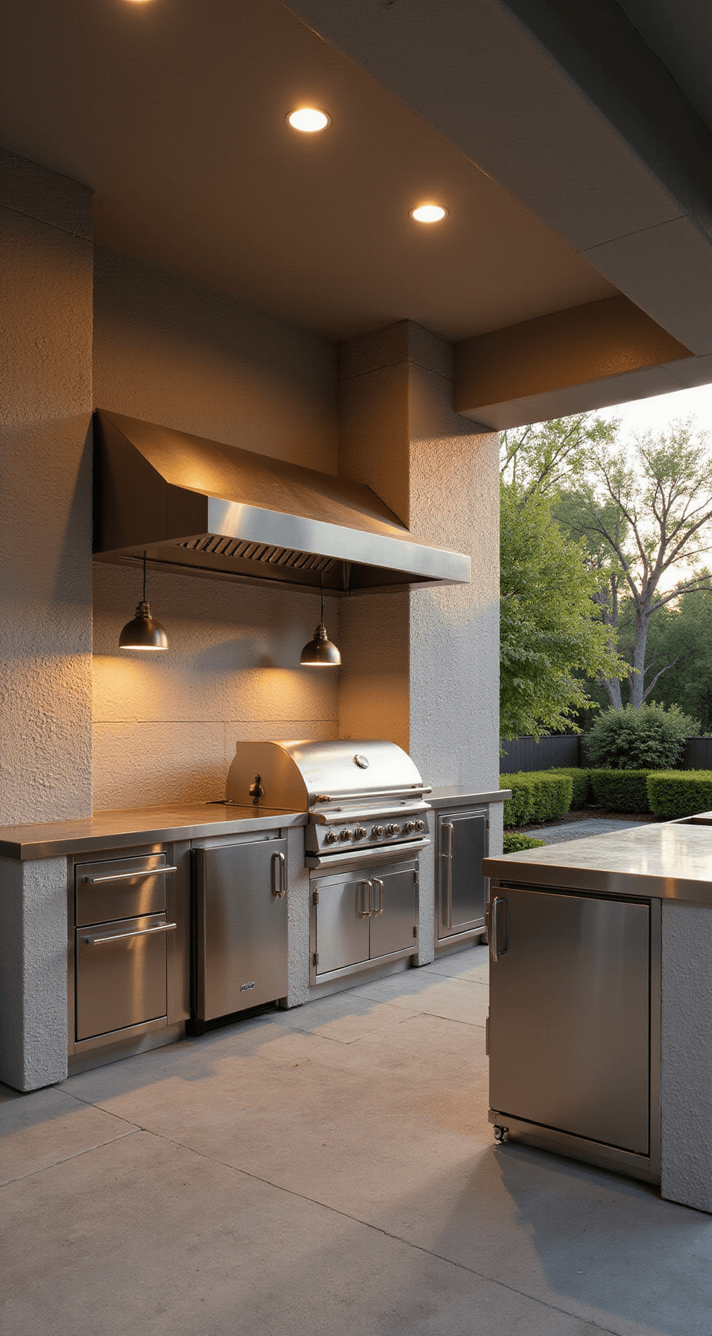 Modern Outdoor Kitchen Ideas for 2025: Transform Your Backyard into a Culinary Paradise Eye-level shot of a luxury outdoor kitchen complex featuring a professional-grade cooking station with a 60-inch grill, pizza oven, and smoker. Stainless steel surfaces shine against a textured stone backdrop, illuminated by contemporary pendant lights. A floating concrete shelter adds architectural interest, while multiple refrigeration units are integrated into custom cabinetry. An herb garden is visible in the background planters, captured during golden hour with a selective focus on the cooking equipment.