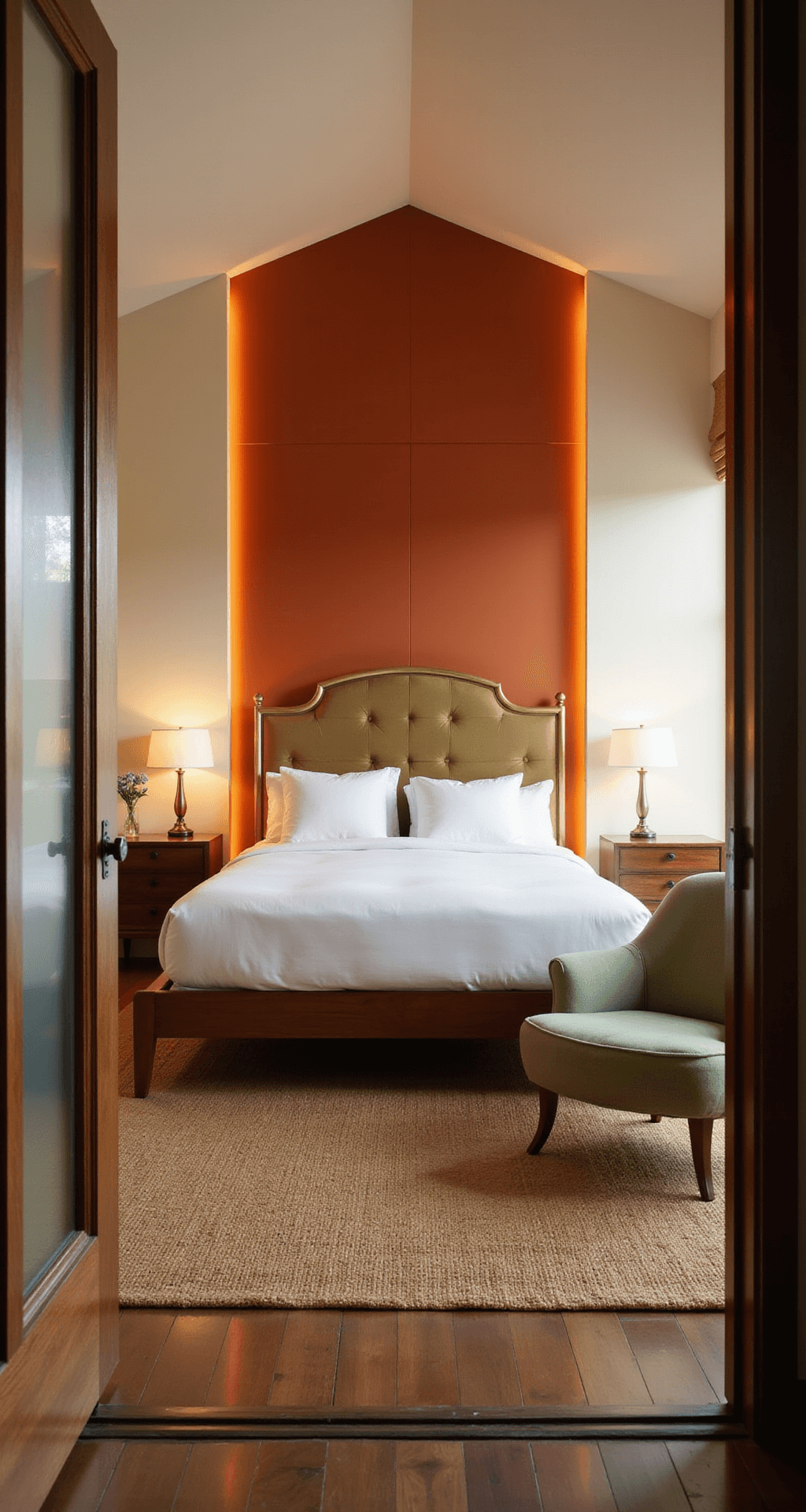 Burnt Orange Bedroom: Transform Your Space into a Cozy Sanctuary Mid-century modern bedroom at dusk featuring a burnt orange accent wall, cream base, California king bed with geometric brass headboard, floating walnut nightstands, a sage green accent chair, and a textured jute rug, lit by ambient evening light and warm LED uplighting.