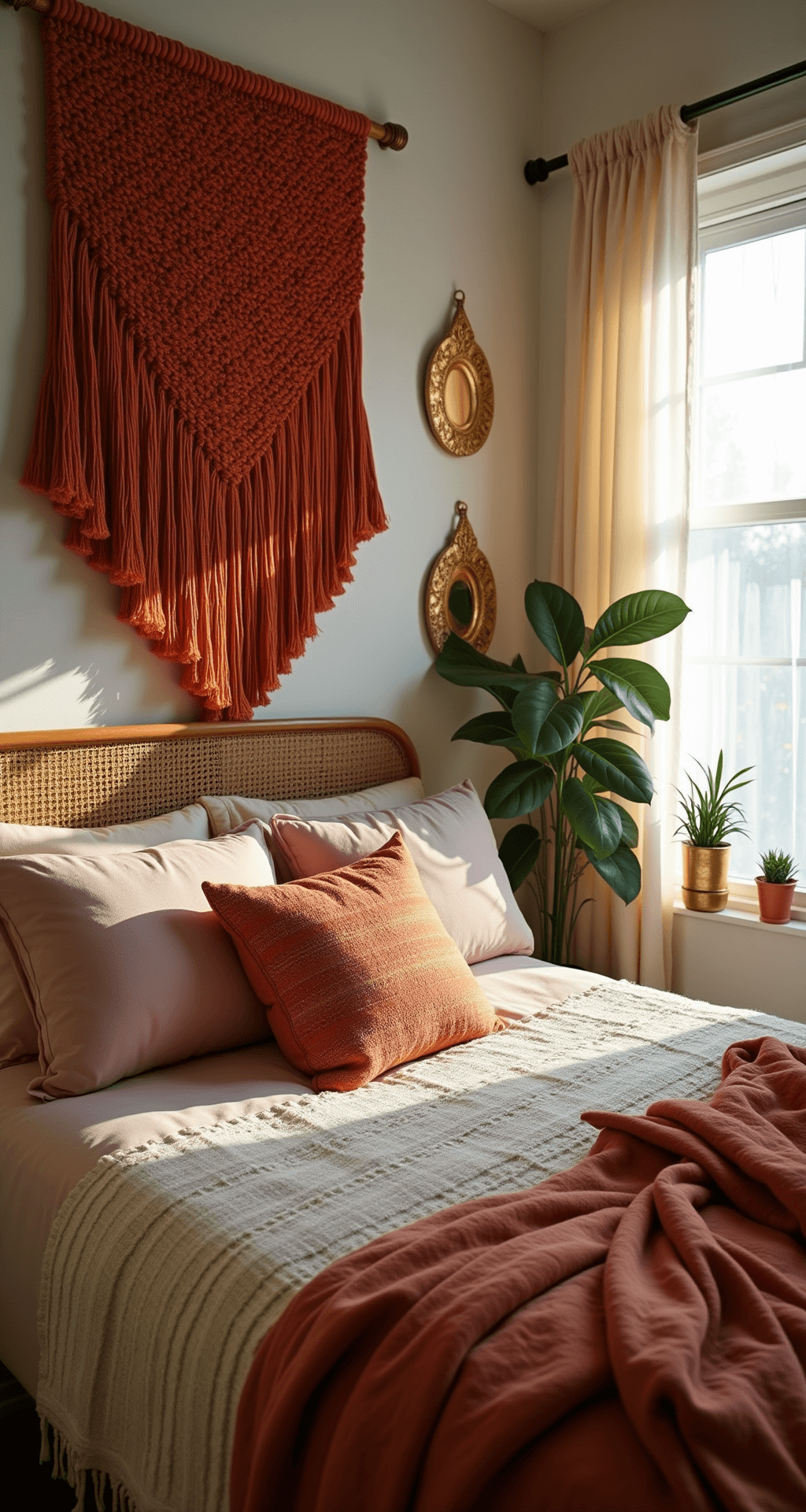 Burnt Orange Bedroom: Transform Your Space into a Cozy Sanctuary Intimate boho-style bedroom with vintage rattan headboard, featuring a burnt orange macramé wall hanging, layered textiles including a cream throw and blush pink linen duvet, mixed pattern pillows in rust tones, potted plants, and brass mirrors, all illuminated by gentle morning light filtering through sheer curtains.