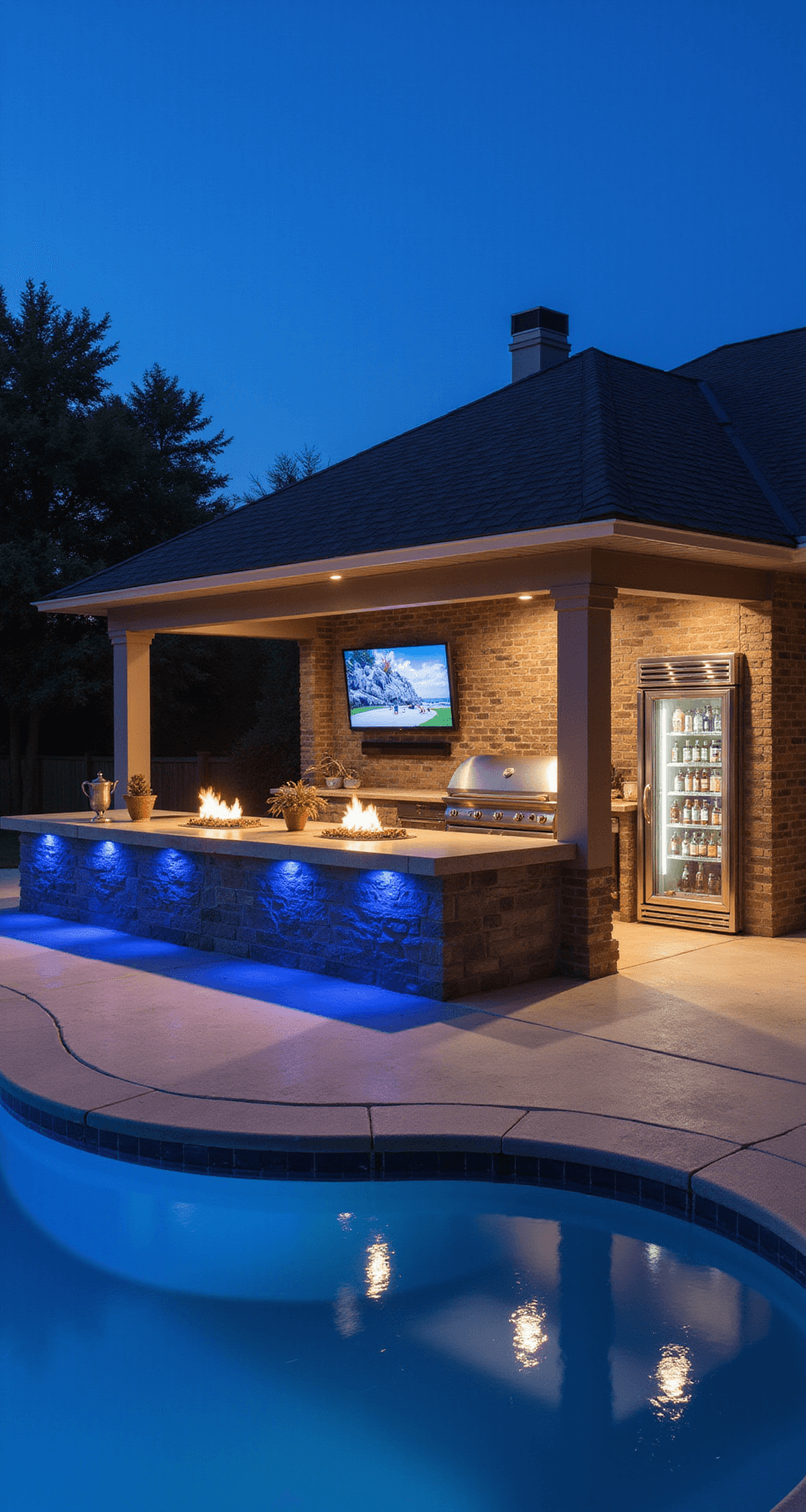 Modern Outdoor Kitchen Ideas for 2025: Transform Your Backyard into a Culinary Paradise Wide-angle twilight view of a luxurious outdoor kitchen with a large concrete island, media wall with mounted TV, illuminated refrigeration, and fire features, showcasing a navy and brushed steel color scheme, reflected in a nearby pool.