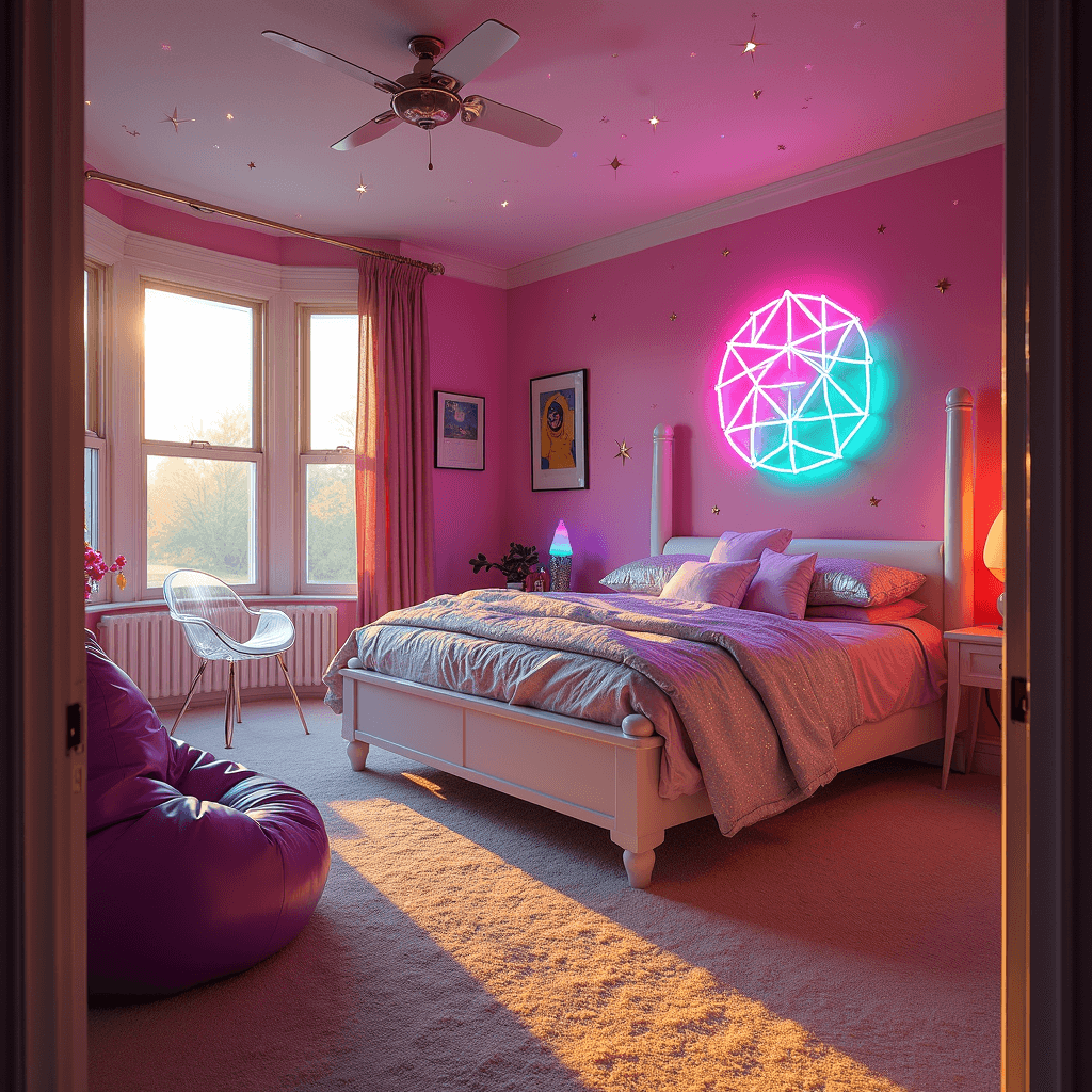 The 90s Bedroom Aesthetic: A Nostalgic Revival A spacious 12x14ft bedroom with golden afternoon light, featuring a clear inflatable chair and a purple bean bag, bold 90s geometric neon wall art, a white four-poster bed with holographic throws, a lava lamp, and glow-in-the-dark stars on the ceiling.