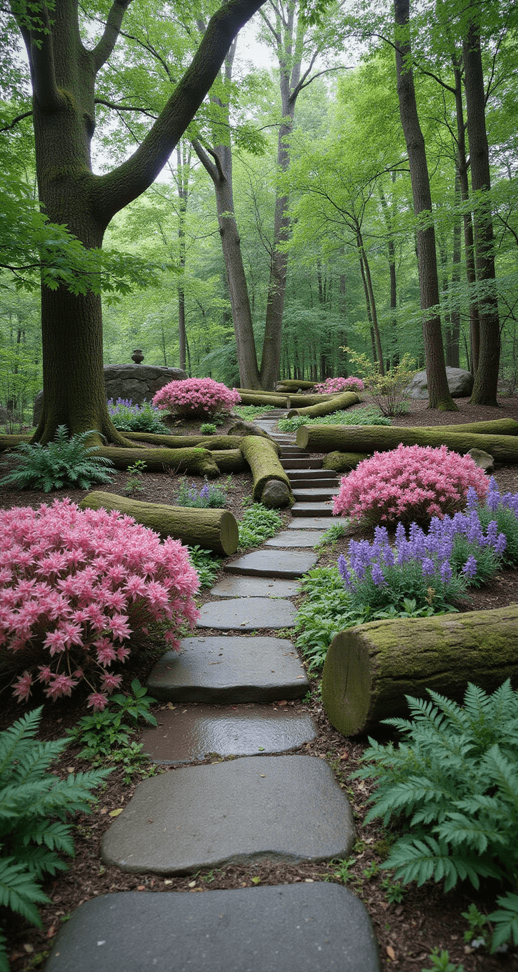 Azalea Gardens: Your Ultimate Design Guide to Colorful Landscape Magic A serene woodland garden scene featuring a natural stone pathway winding through vibrant pink 'Coral Bells' and purple 'Formosa' azaleas, with moss-covered logs and rock outcroppings, surrounded by lush ferns and hostas, all illuminated by diffused light.