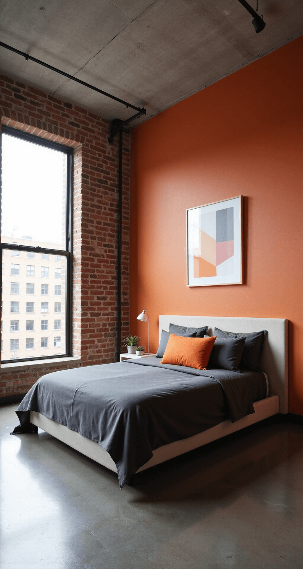 Burnt Orange Bedroom: Transform Your Space into a Cozy Sanctuary A contemporary minimalist loft bedroom featuring an exposed brick wall, a burnt orange accent wall, and an industrial concrete ceiling. The platform bed is styled with charcoal grey linens and an oversized lumbar pillow in orange, while polished concrete floors reflect light from large warehouse windows. The image captures the space from a ceiling height, highlighting geometric contrasts.