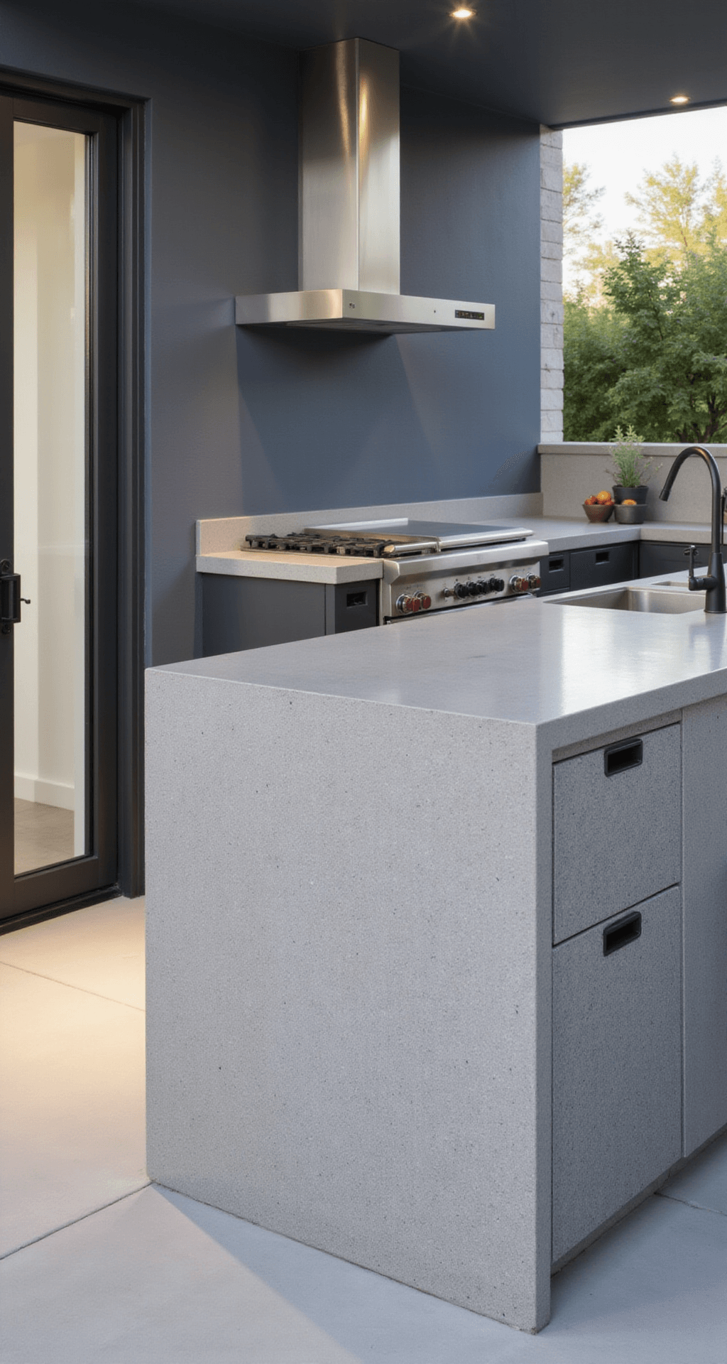Modern Outdoor Kitchen Ideas for 2025: Transform Your Backyard into a Culinary Paradise Detail shot of an upscale outdoor kitchen featuring marine-grade stainless steel, textured concrete, and diamond stone surfaces, highlighted by morning light, with professional-grade fixtures, a minimalist grey and metallic color palette accented by navy, and a subtly integrated ventilation system, all captured with a dramatic depth of field.
