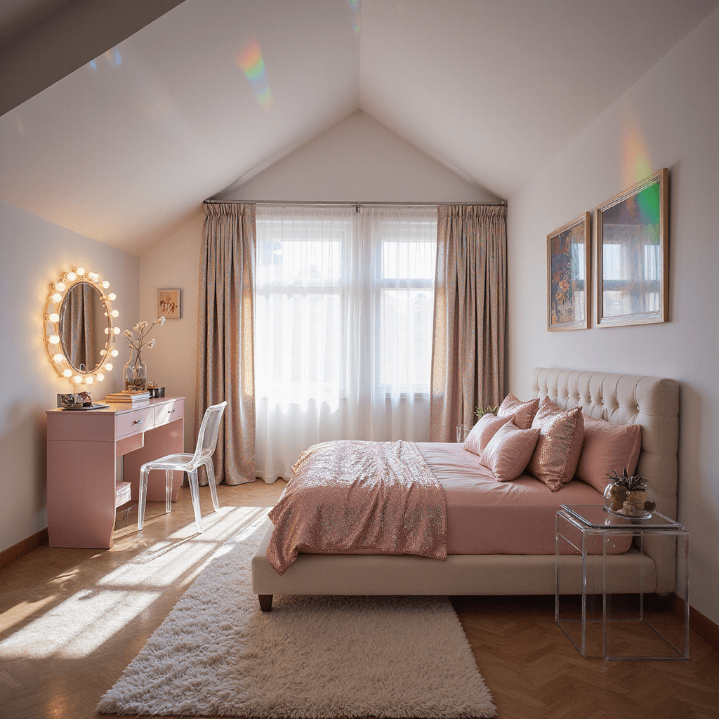 The 90s Bedroom Aesthetic: A Nostalgic Revival Overhead view of a glamorous 90s-style bedroom with a vaulted ceiling, featuring iridescent curtains, a Hollywood vanity, metallic pink bedding, and Lucite furniture, all illuminated by morning light creating rainbow prisms.