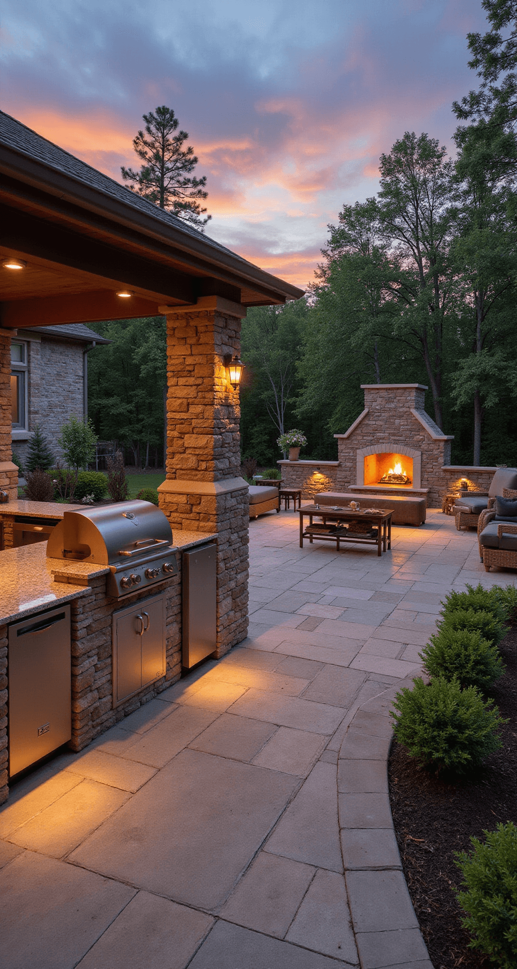 Modern Outdoor Kitchen Ideas for 2025: Transform Your Backyard into a Culinary Paradise Sunset view of a luxurious outdoor kitchen featuring a built-in pizza oven, concrete pavers, multiple seating areas, and glowing landscape lighting, designed for seamless flow between cooking and lounging zones.