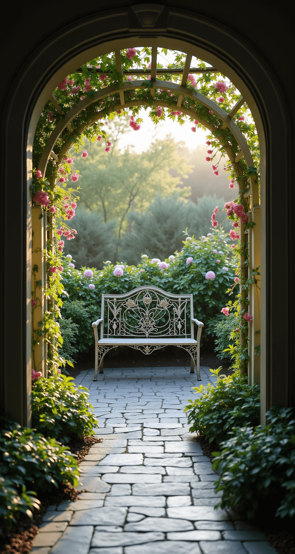 Azalea Gardens: Your Ultimate Design Guide to Colorful Landscape Magic A Victorian-inspired garden room in morning light features an arched trellis covered in 'Lady Alice' azaleas, with a vintage iron bench at the center and a bluestone patio glistening with dew, framed by English ivy ground cover, creating an ethereal backlit atmosphere.