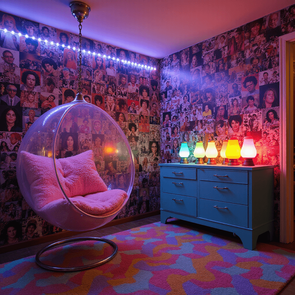 The 90s Bedroom Aesthetic: A Nostalgic Revival A cozy 90s pop culture haven corner featuring a vibrant collage wall of iconic celebrities, illuminated by color-changing LED strips. A suspended transparent bubble chair adorned with fuzzy pink cushions hangs from the ceiling. A teal metallic dresser topped with lava lamps adds dynamic lighting, while a bold geometric carpet anchors the space. The shot is taken from a low angle, emphasizing the wall height and creating a nostalgic atmosphere with mixed lighting sources.