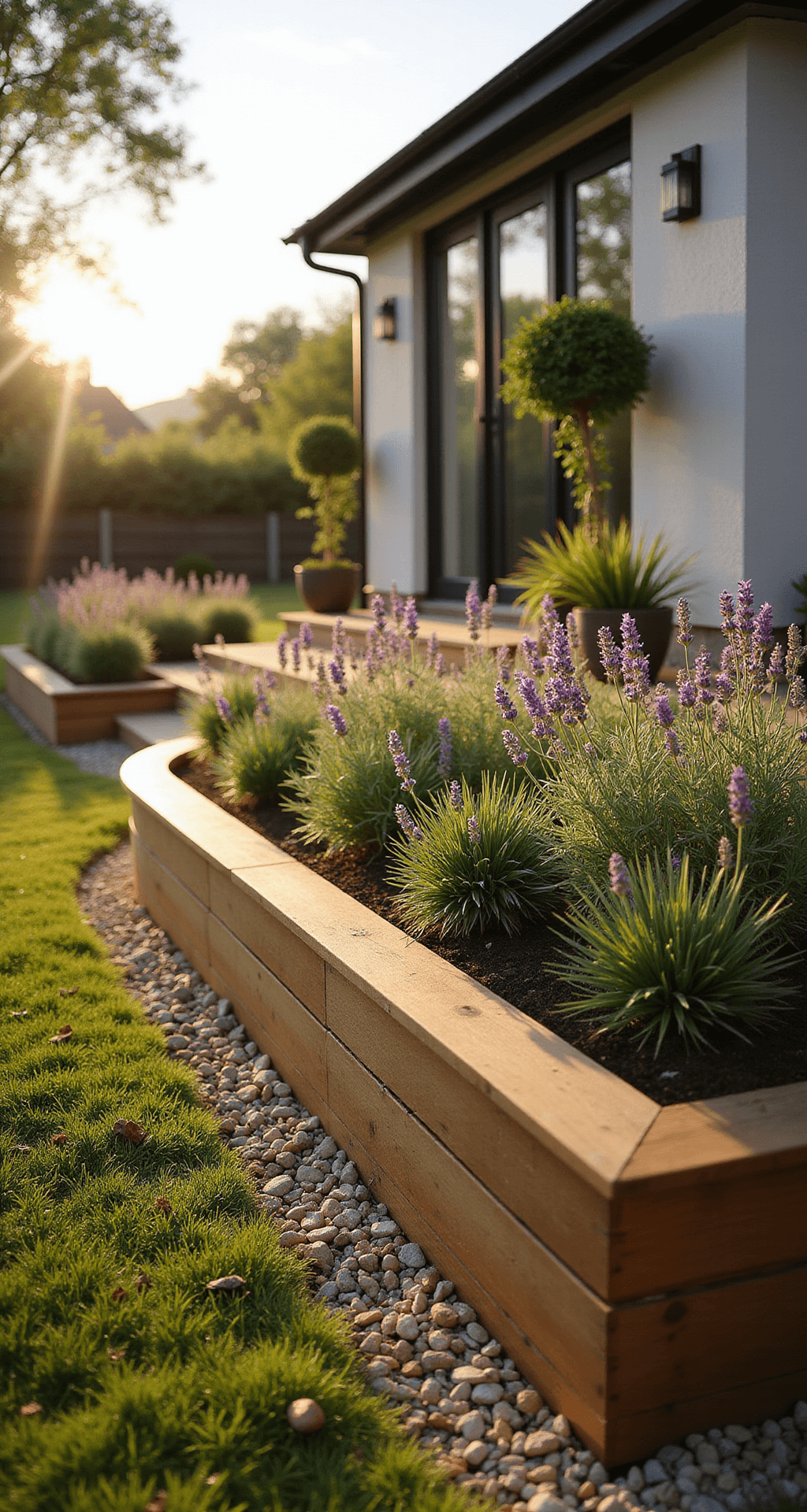 Garden Borders with Sleepers: Transform Your Outdoor Space Like a Pro Wide-angle view of a 30ft curved oak sleeper garden border at golden hour, defining a raised flower bed against a modern house facade. The gentle S-curve of rich honey-toned wood rises 2ft high, with lavender and ornamental grasses spilling over the edges, illuminated by soft directional light that highlights the wood grain texture and casts long shadows.