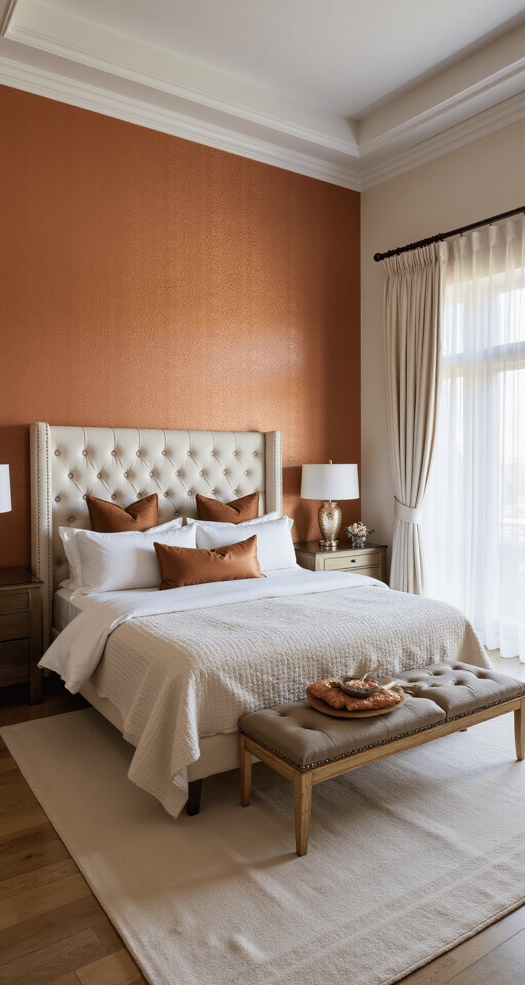 Burnt Orange Bedroom: Transform Your Space into a Cozy Sanctuary Luxe modern bedroom featuring burnt orange grasscloth wallpaper, a channel-tufted cream headboard, mixed brass and copper metallic accents, ivory silk drapes, and a plush cream carpet, all bathed in diffused midday light.
