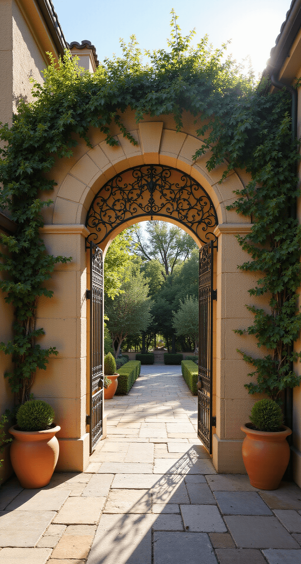 Garden Arches: Transform Your Outdoor Space into a Magical Retreat Mediterranean-inspired double arch gateway with limestone arches, iron lattice top draped in grapevines and jasmine, flanked by terracotta pots, illuminated by warm afternoon light.