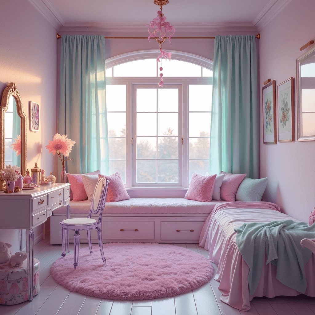 The 90s Bedroom Aesthetic: A Nostalgic Revival A dreamy 90s pastel bedroom featuring lavender, mint, and baby pink hues, with a large window seat adorned with fairy lights. Clear acrylic furniture contrasts plush velvet pillows and furry rugs, while a vintage vanity showcases butterfly clips and holographic accessories. Geometric vinyl decals decorate the walls, and soft morning light creates a bokeh effect that highlights the room's layers and textures.