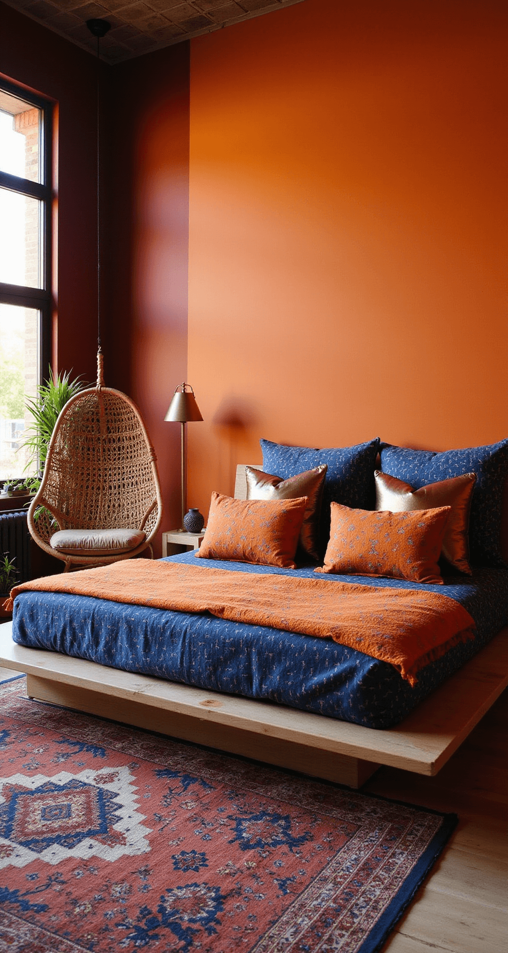 Burnt Orange Bedroom: Transform Your Space into a Cozy Sanctuary Eclectic global-inspired bedroom featuring a burnt orange ombré wall, low-profile platform bed with indigo mudcloth and orange block-print textiles, rattan hanging chair, layered vintage rugs, and sunset lighting showcasing vibrant colors and cultural decor.