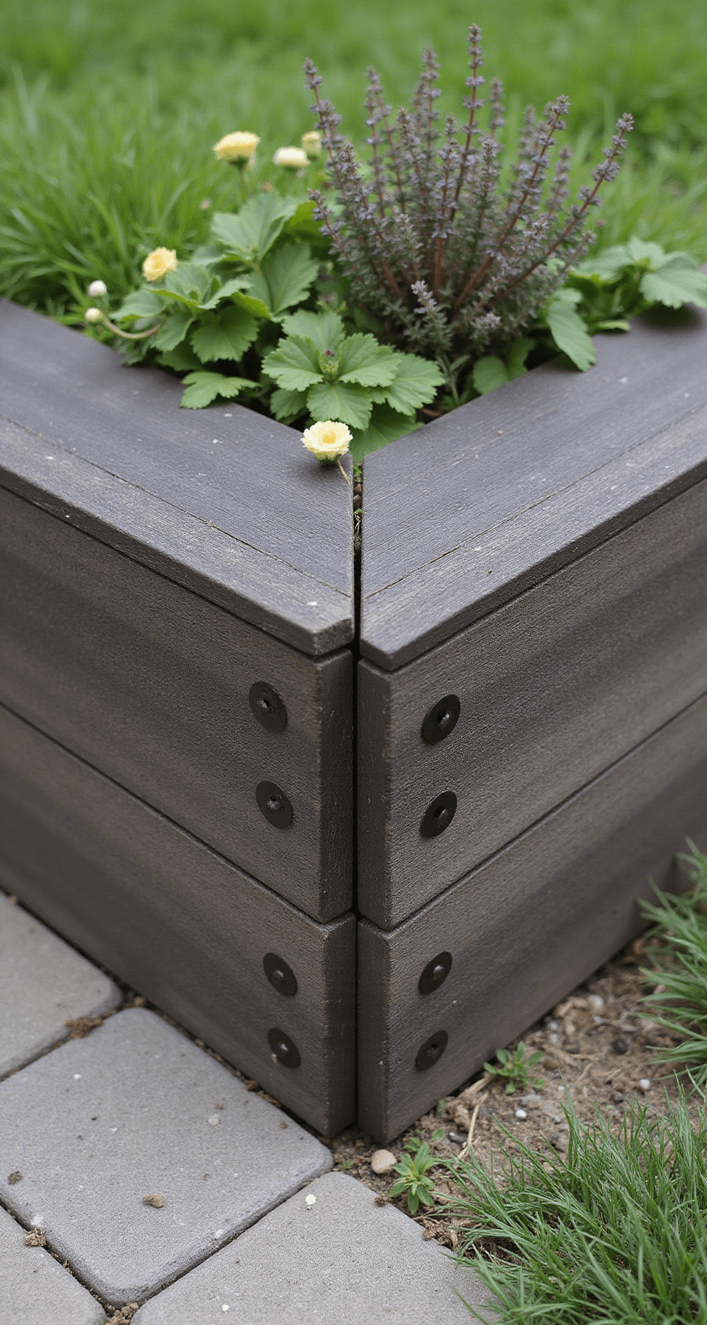Garden Borders with Sleepers: Transform Your Outdoor Space Like a Pro Close-up of a 90-degree corner joint made from three tiers of dark-treated pine sleepers, featuring mitered edges. Small alpine plants and trailing thyme grow between the levels, with weathered metal brackets visible. The image is sharply focused on the corner detail against a blurred background in overcast natural light.