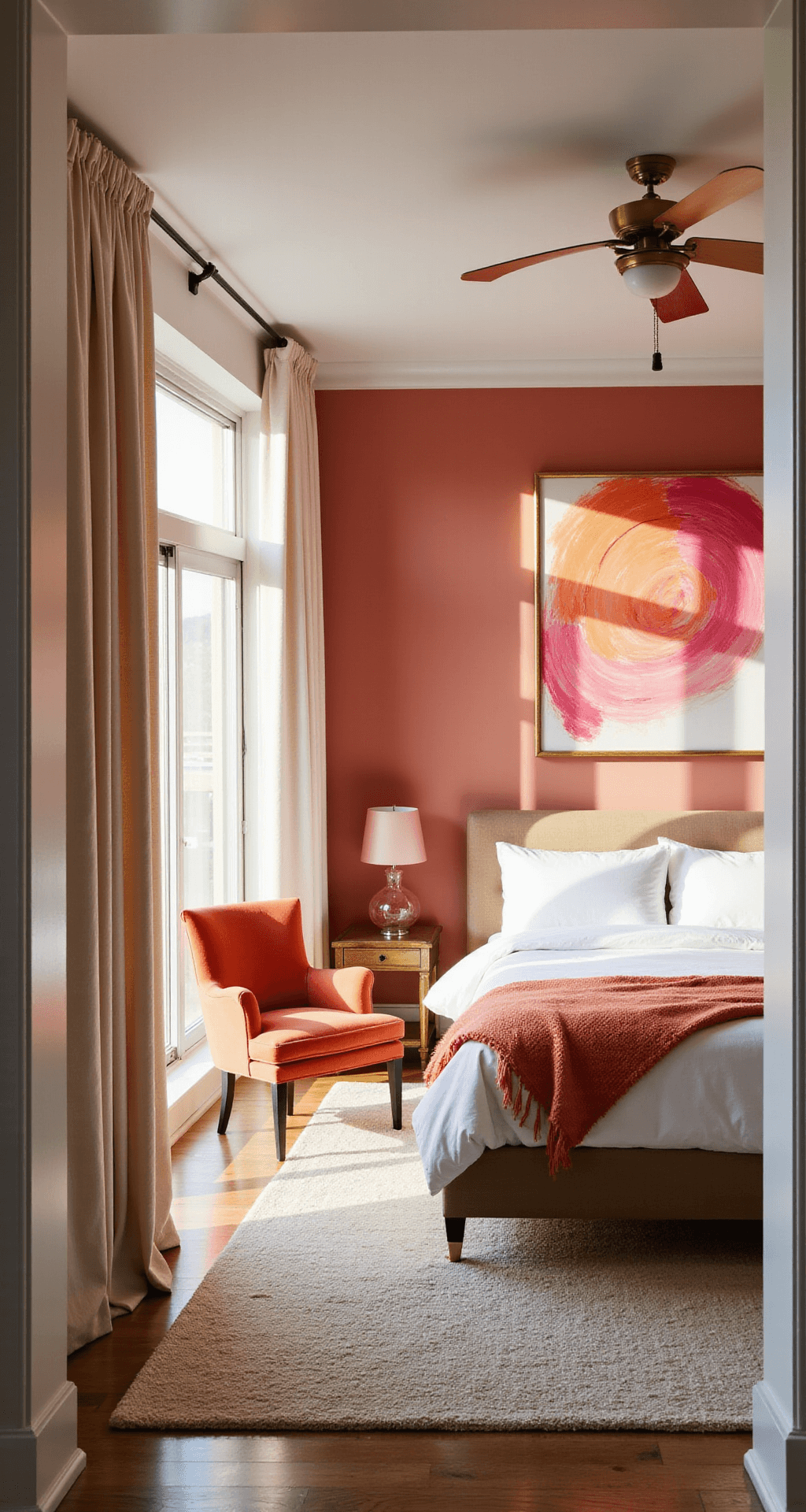 Pink and Orange Bedroom: A Vibrant Design Revolution A contemporary bedroom featuring a 'Coral Reef' accent wall, a king-size bed with white linens and an ombré throw, brass side tables with pink lamps, a velvet orange armchair, oversized abstract art, and natural light streaming through floor-to-ceiling windows.