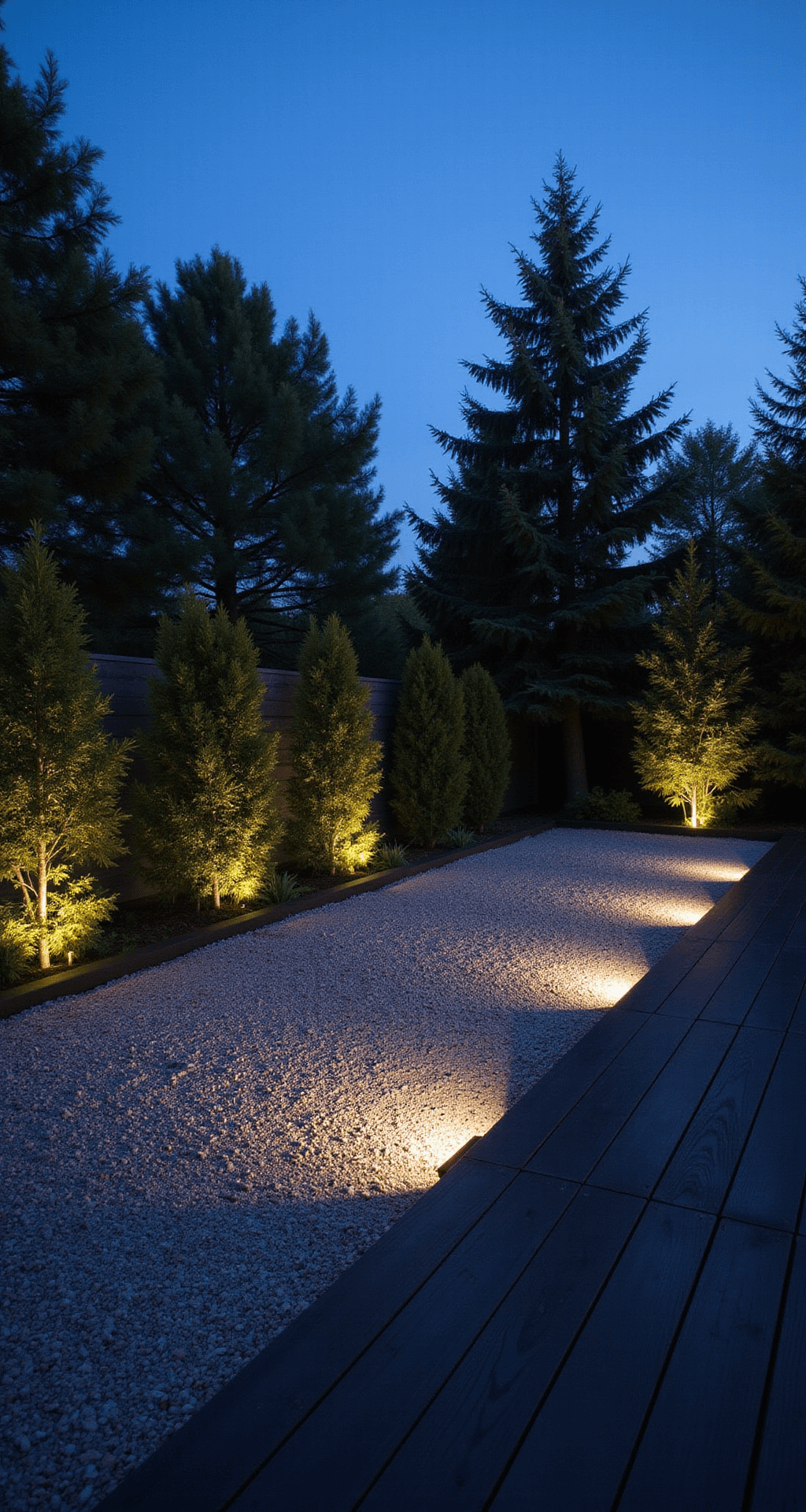 Garden Borders with Sleepers: Transform Your Outdoor Space Like a Pro Dramatic dusk view of a minimalist garden featuring black-stained sleepers in geometric patterns surrounding a zen gravel area, softly illuminated by LED uplighting against a twilight sky.