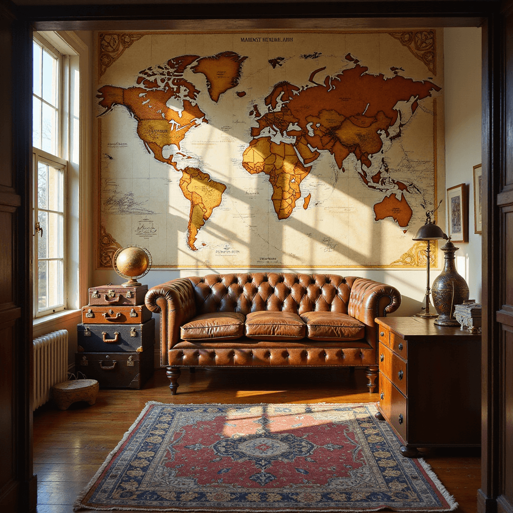 Travel Room Ideas: Transform Your Space into a Global Adventure Haven A sunlit home office featuring a vintage world map mural, leather Chesterfield sofa, stacked suitcases as an end table, a wooden desk with an antique globe, and a Persian rug, captured from the doorway at eye level during golden hour.