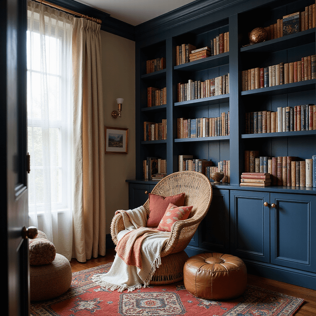 Travel Room Ideas: Transform Your Space into a Global Adventure Haven An intimate reading nook with floor-to-ceiling navy bookshelves filled with travel and cultural books, featuring an oversized rattan peacock chair draped in a cream and rust Moroccan throw. Soft afternoon light filters through sheer linen curtains, highlighting jewel-toned Turkish kilim pillows around a low-profile leather pouf, with brass wall sconces adding warmth. The low-angle shot from the corner emphasizes the height and inviting library atmosphere.