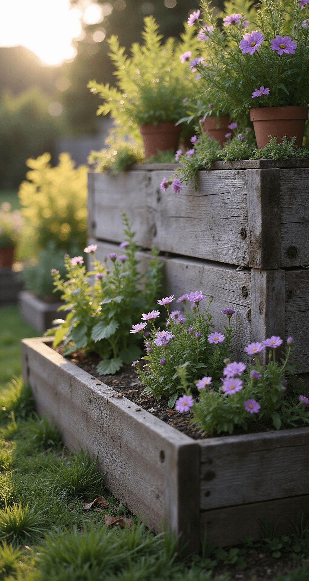 Garden Borders with Sleepers: Transform Your Outdoor Space Like a Pro A close-up of weathered oak sleepers forming rustic raised garden beds, filled with cottage perennials and dewy cobwebs, illuminated by soft morning light that highlights the wood texture against a blurred background.
