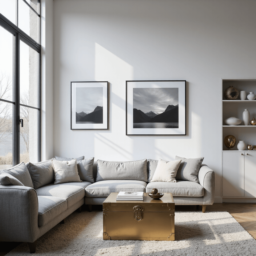 Travel Room Ideas: Transform Your Space into a Global Adventure Haven A modern minimalist living room featuring white walls with black and white travel photography, steel-framed windows casting geometric shadows, a gray linen sectional, a brass trunk coffee table, and curated shelves with white ceramics and metallic globes, shot from an elevated angle.