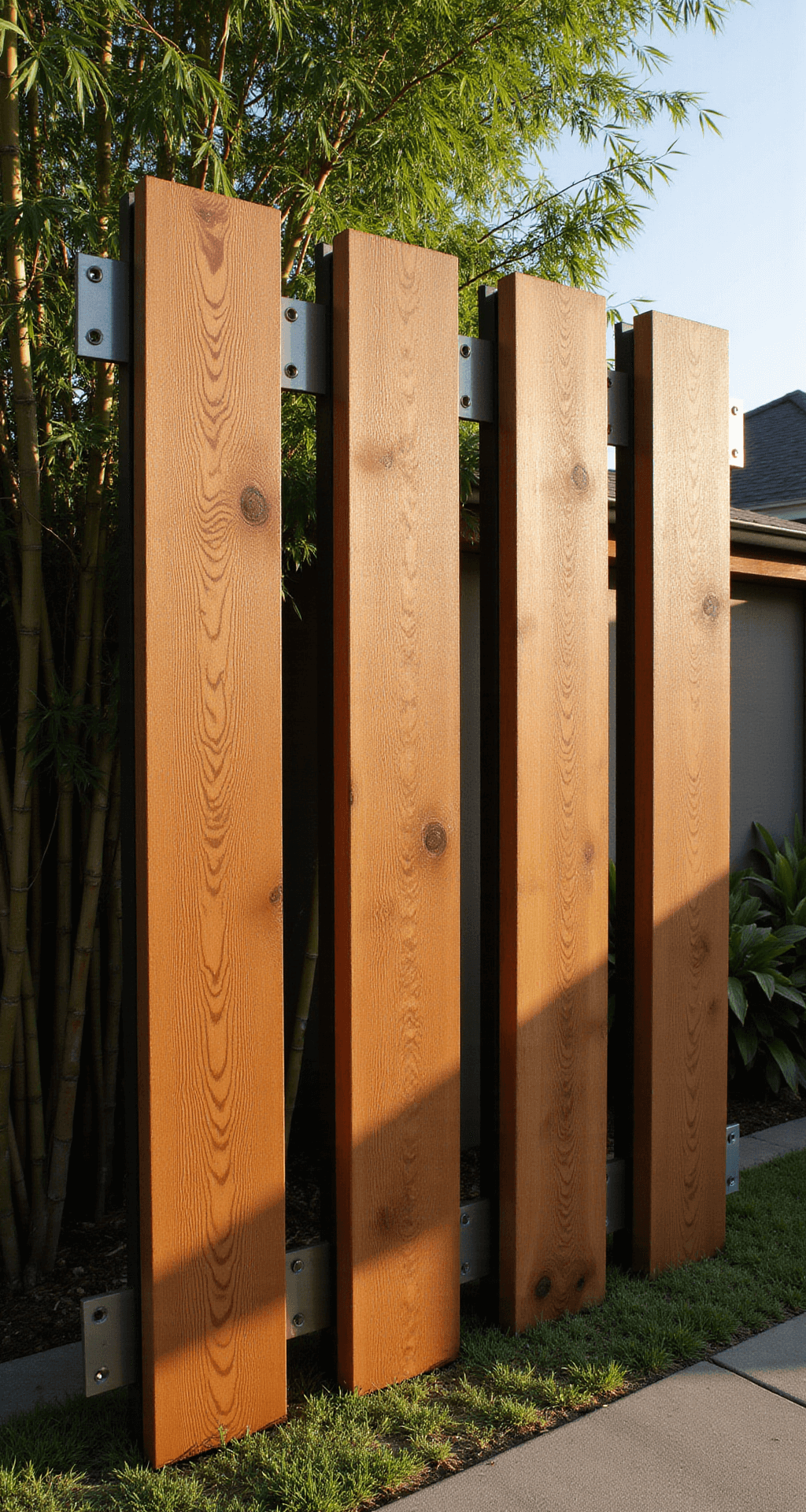 Garden Borders with Sleepers: Transform Your Outdoor Space Like a Pro Architectural detail of three upright 8ft wooden sleepers forming a sculptural screen, secured with steel brackets, set against bamboo plants in late afternoon light; strong side-lighting accentuates the wood grain and casts dramatic shadows, highlighting an industrial and organic contrast.