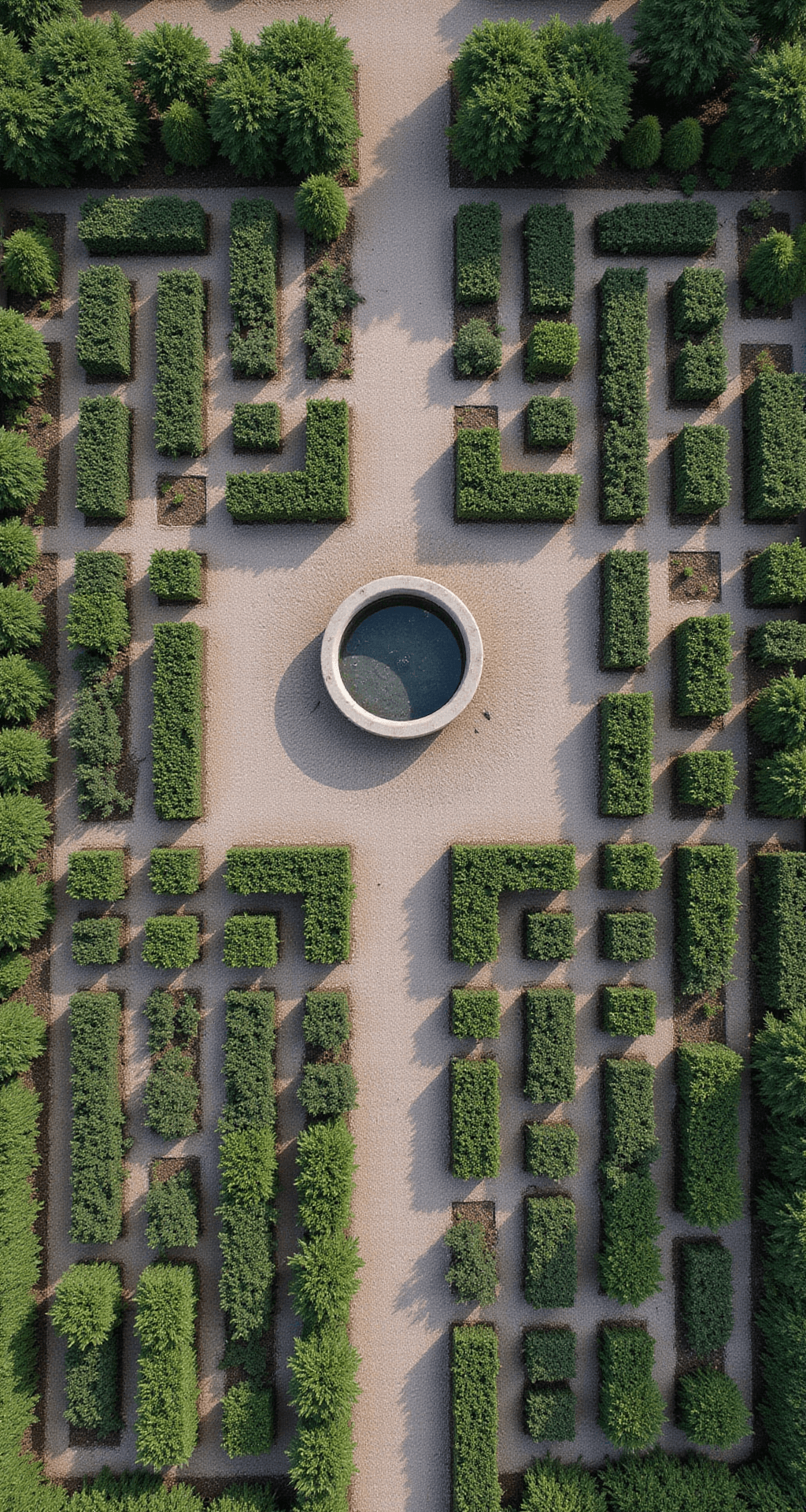 Garden Borders with Sleepers: Transform Your Outdoor Space Like a Pro Overhead view of a symmetrically designed formal garden with raised sleeper borders, featuring a central water feature, surrounded by green plants and grey gravel paths, all illuminated by the evening light casting long shadows.