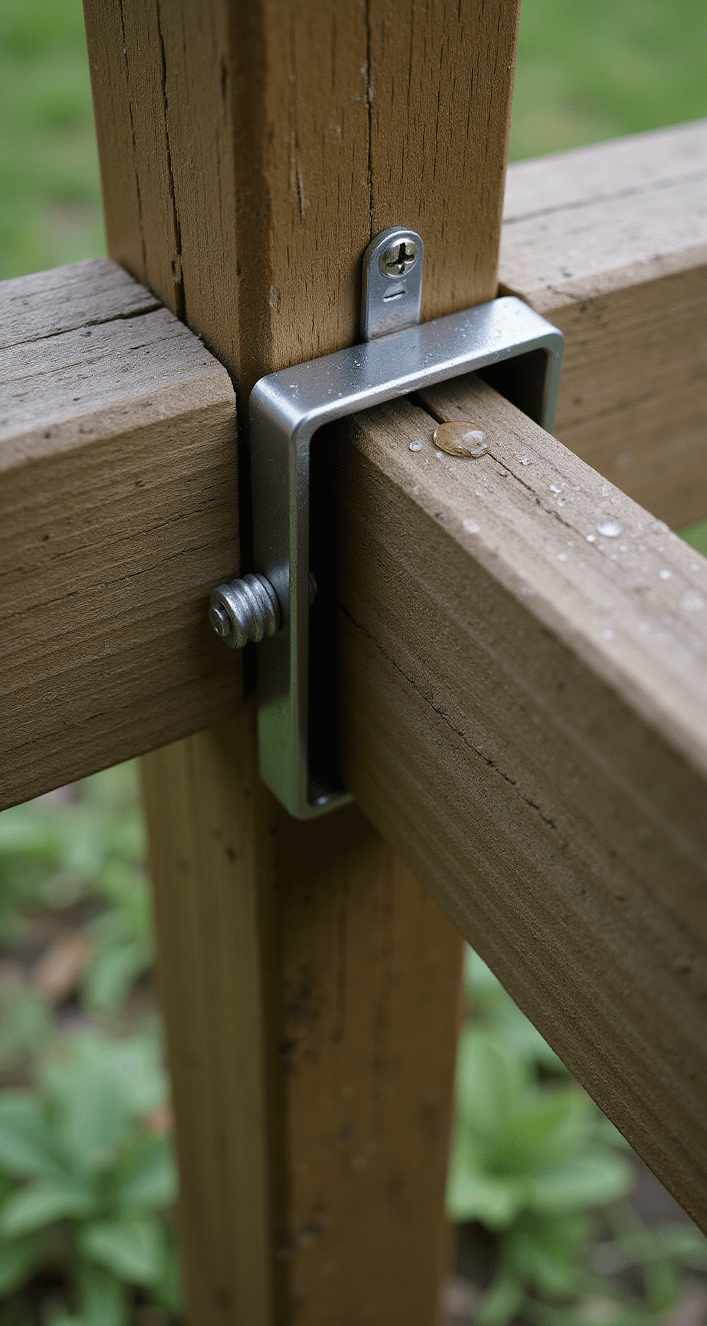 Garden Borders with Sleepers: Transform Your Outdoor Space Like a Pro Intimate macro shot of a metal bracket and screw fixing two pressure-treated sleepers, showcasing morning dew drops on the wood surface, with subtle green tones illuminated by indirect natural light.