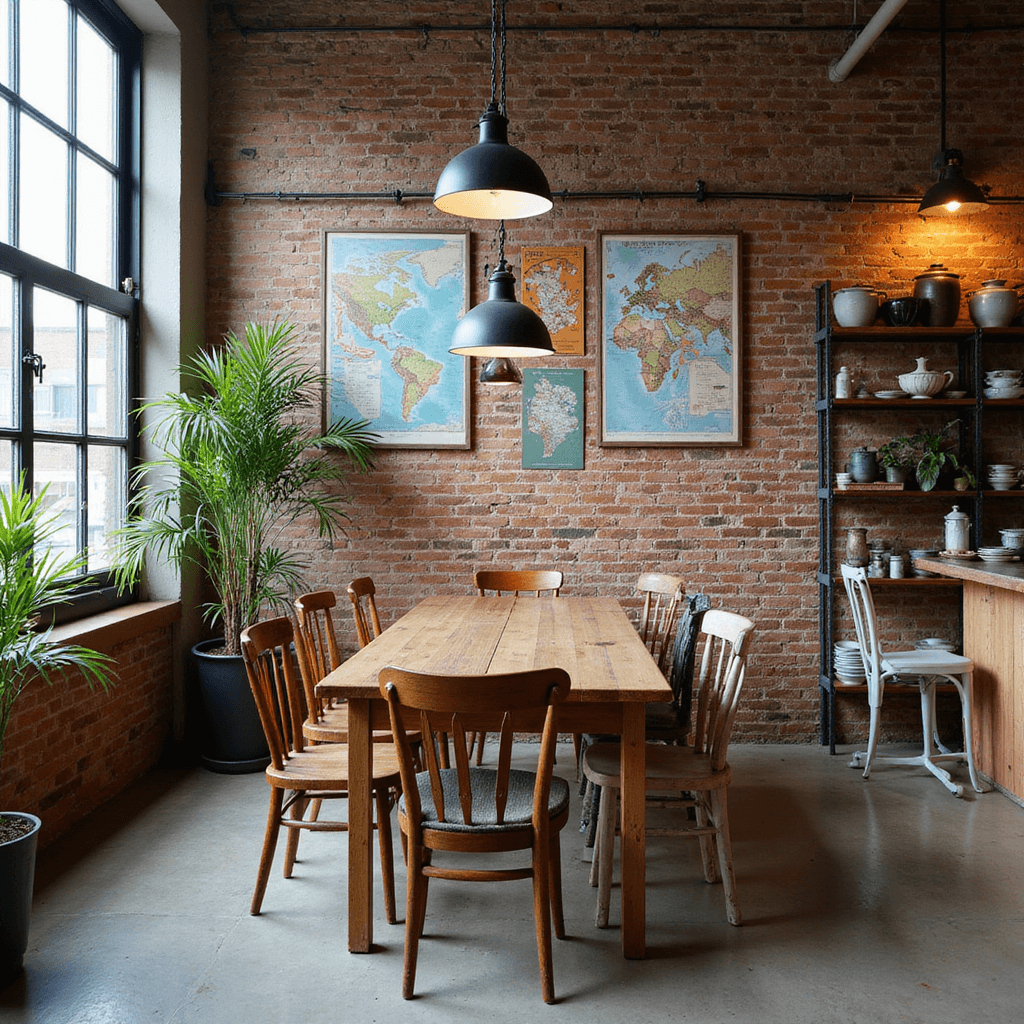 Travel Room Ideas: Transform Your Space into a Global Adventure Haven Eclectic dining space featuring an exposed brick wall adorned with vintage travel posters, centered reclaimed wood table under industrial pendant lights, surrounded by mismatched chairs, open shelving with global ceramics, potted palms, and a window wall that floods the area with warm late afternoon light.