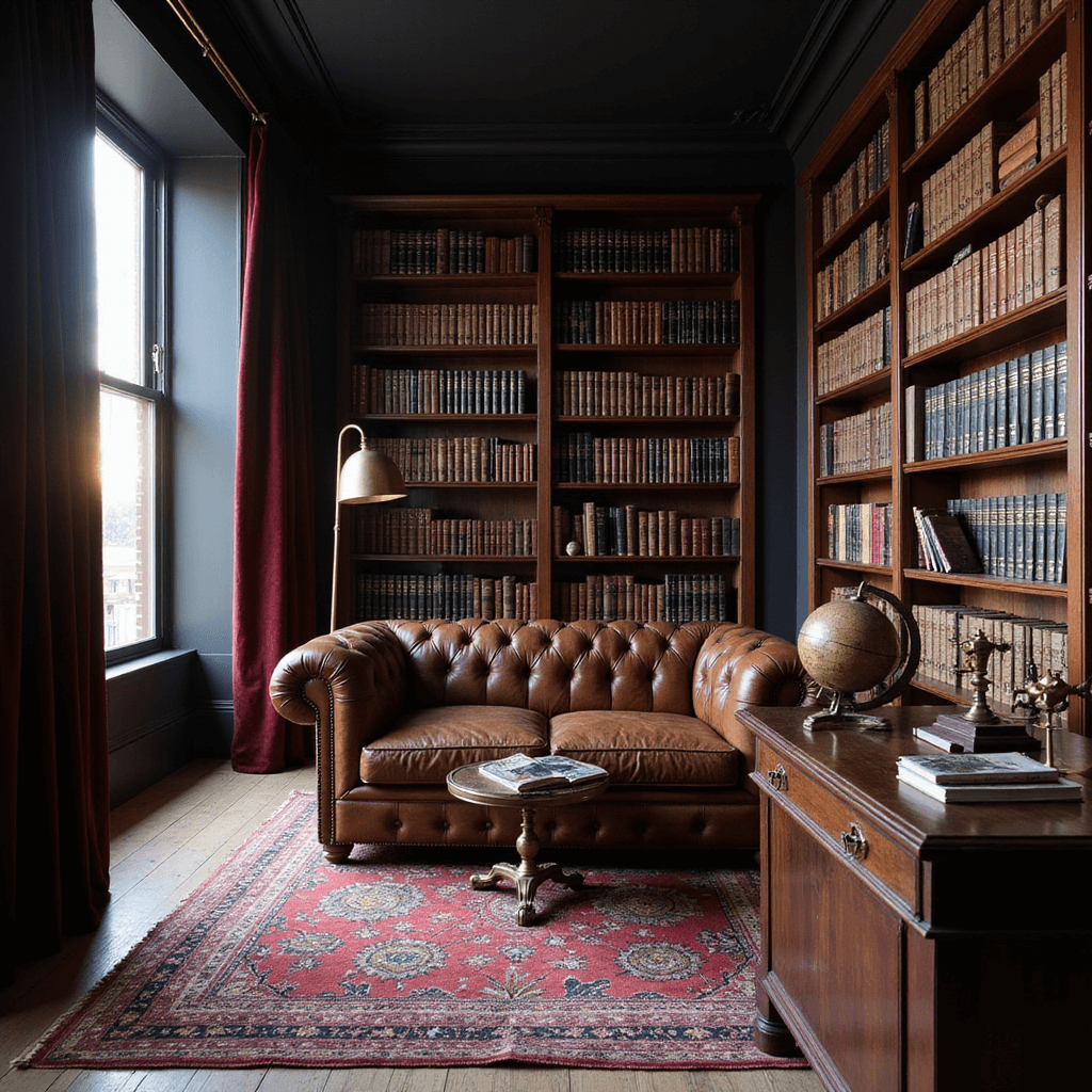Crafting the Perfect Dark Aesthetic Home: A Comprehensive Guide to Moody, Sophisticated Interiors A moody library study with dark academic aesthetics, featuring floor-to-ceiling mahogany bookshelves and a vintage brown Chesterfield sofa, illuminated by golden hour light through burgundy velvet drapes, showcasing antique globes and brass instruments on a walnut desk.