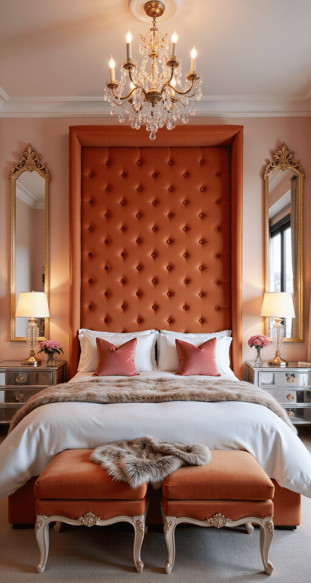 Pink and Orange Bedroom: A Vibrant Design Revolution Luxe glam bedroom featuring pale pink walls, an orange velvet tufted headboard, a crystal chandelier over a king bed with silk bedding and color-blocked pillows, mirrored nightstands with gold trim, faux fur throws, floor-length mirrors, and a white marble fireplace with gold details, all illuminated by professional lighting at night.