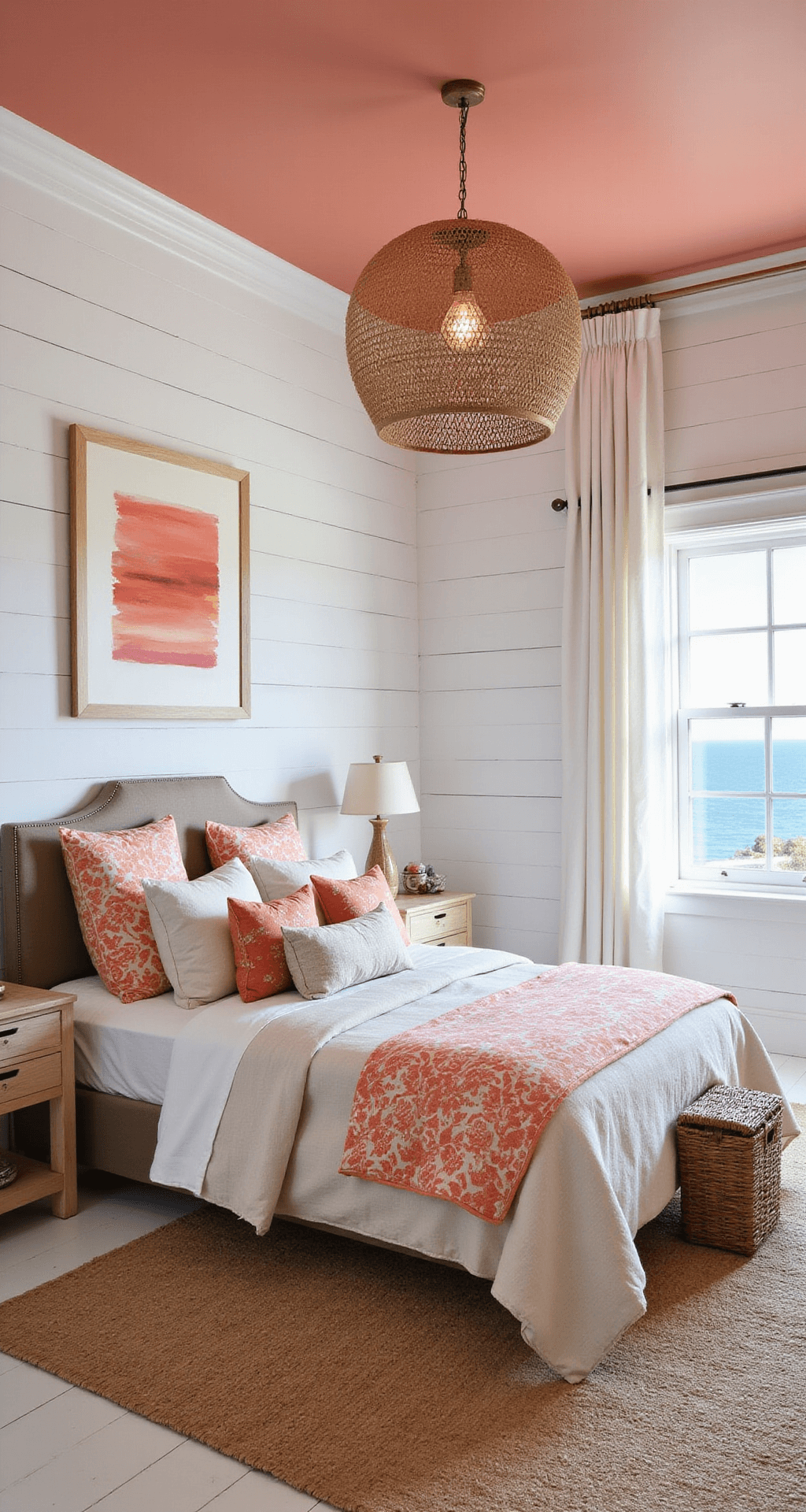 Pink and Orange Bedroom: A Vibrant Design Revolution Contemporary coastal bedroom with white shiplap walls, coral pink ceiling, and a queen bed in natural linen. Features orange block-printed duvet, rattan pendant light, seagrass rug, and white curtains. Coral and pink watercolor art on walls and ocean view through picture window. White painted hardwood floors.