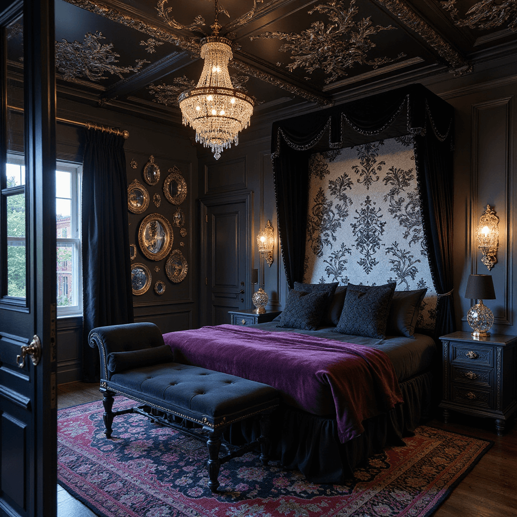 Crafting the Perfect Dark Aesthetic Home: A Comprehensive Guide to Moody, Sophisticated Interiors A gothic glam master bedroom featuring midnight black walls, a king-sized bed with deep purple velvet and black silk bedding beneath a black iron canopy, ornate silver mirrors on a gallery wall, and a crystal chandelier casting intricate shadows, all illuminated by warm artificial lighting during blue hour.