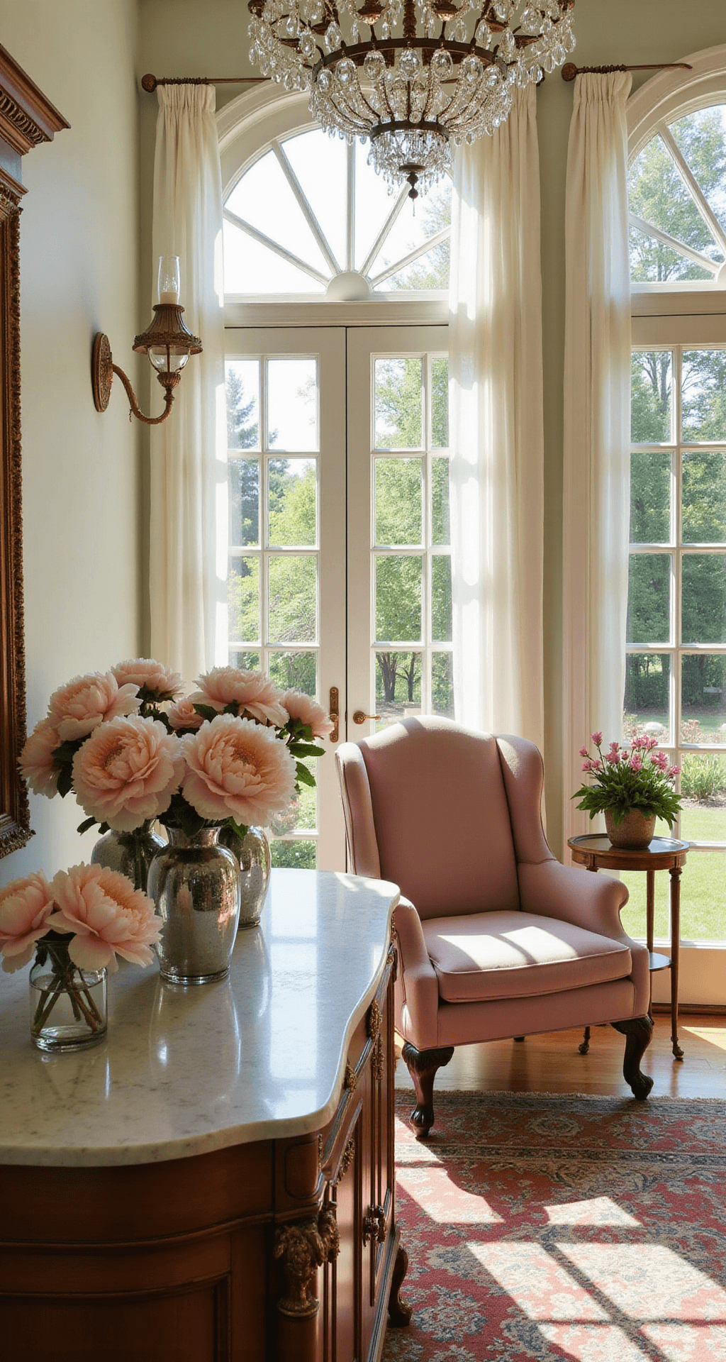 Perennial Bulbs: Your Guide to Effortless, Stunning Garden Color Year After Year A sun-drenched conservatory adorned with arched windows and French doors, featuring peonies in mercury glass vases on an antique marble-topped console, illuminated by golden hour light. A crystal chandelier casts prismatic reflections overhead, while a dusty rose velvet wingback chair rests next to a brass plant stand, all framed by sheer white curtains in an elegant, romantic Victorian-inspired setting.