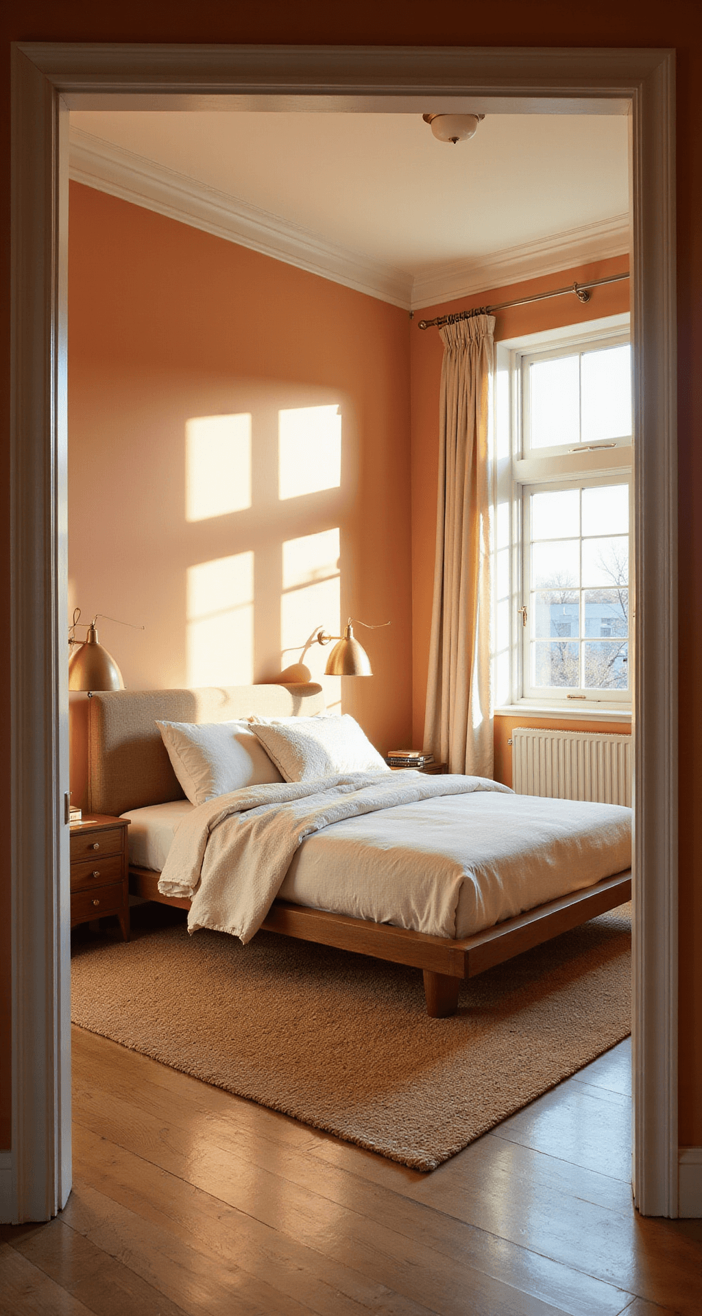 Orange Bedroom Walls: Transform Your Space with Warmth and Energy A spacious 15x18ft bedroom with golden hour sunlight streaming through floor-to-ceiling windows, featuring peachskin orange walls, a modern platform bed with ivory linens, brass lamps on walnut nightstands, a cream bouclé accent chair, woven jute rug, and silk curtains, captured from the doorway with a soft depth of field.