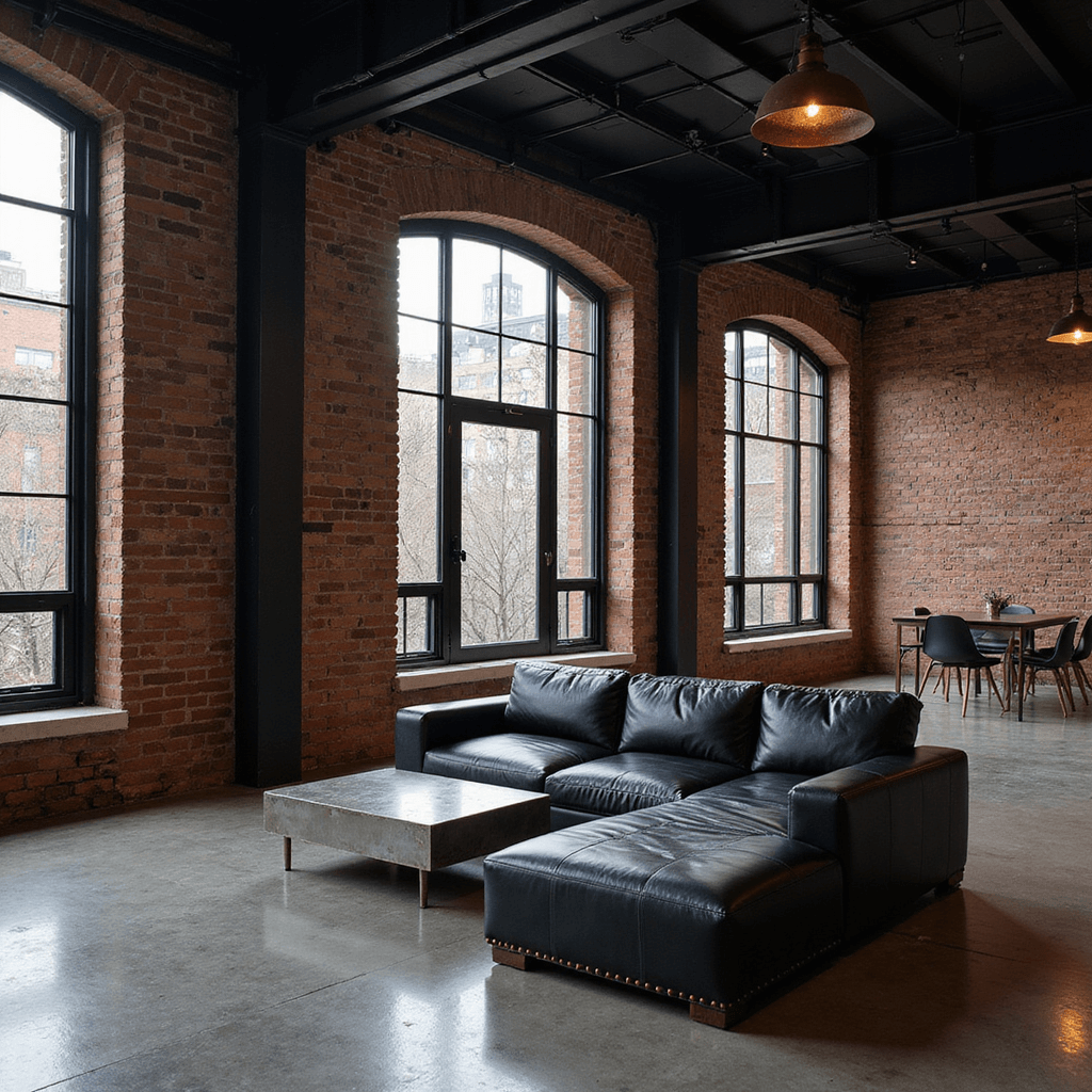 Crafting the Perfect Dark Aesthetic Home: A Comprehensive Guide to Moody, Sophisticated Interiors Industrial dark open-concept loft featuring exposed charcoal brick walls, large factory windows, polished concrete floors, a black leather sectional with copper rivets, a raw steel coffee table, and vintage copper pendant lights, captured from an elevated perspective in moody evening lighting.