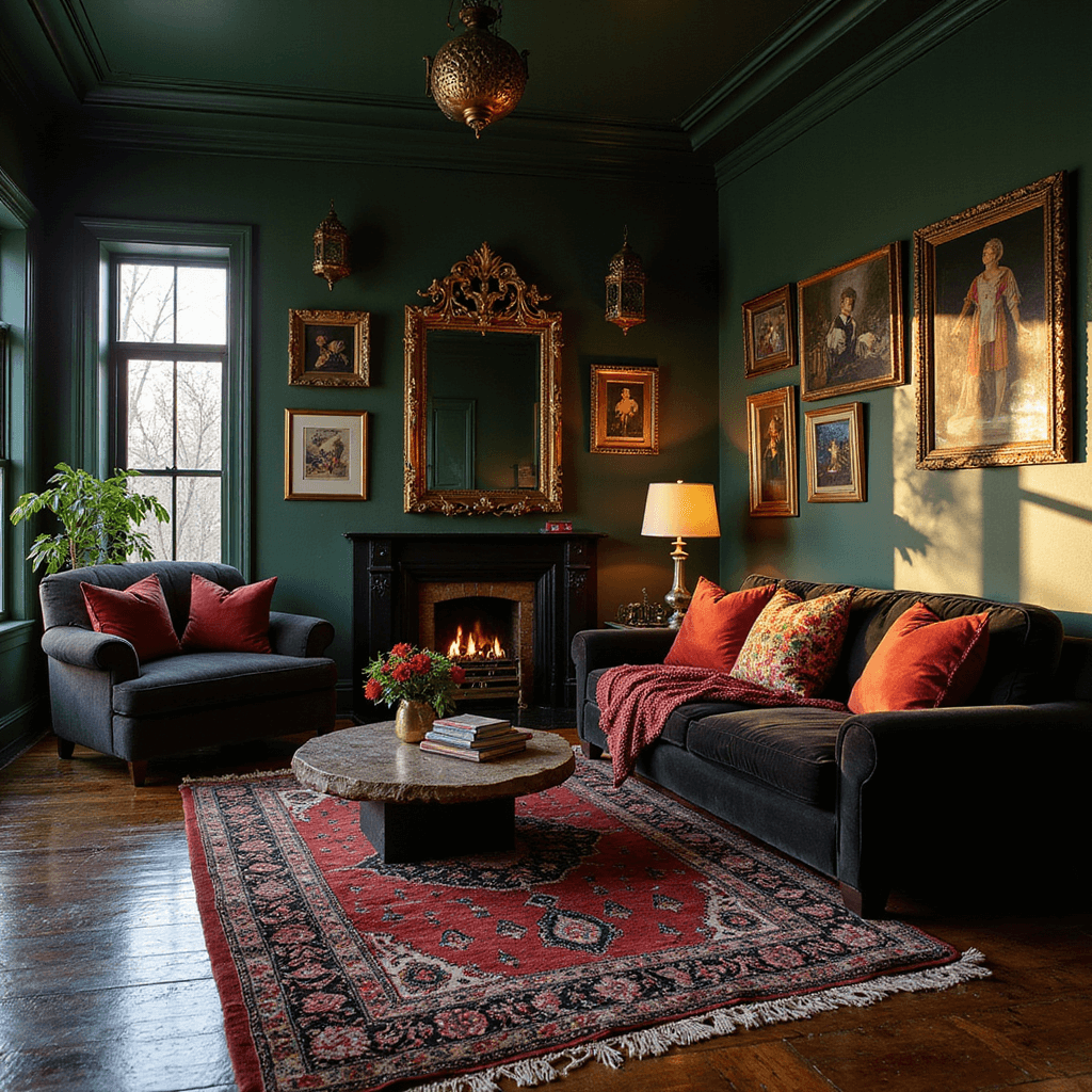 Crafting the Perfect Dark Aesthetic Home: A Comprehensive Guide to Moody, Sophisticated Interiors A dark Bohemian living room with deep forest green walls, featuring layered Persian rugs in burgundy and black on dark hardwood floors, an oversized black velvet sofa with jewel-toned pillows, vintage brass mirrors, eclectic art in gold frames, and Moroccan lanterns creating intricate patterns, captured at eye level during golden hour.