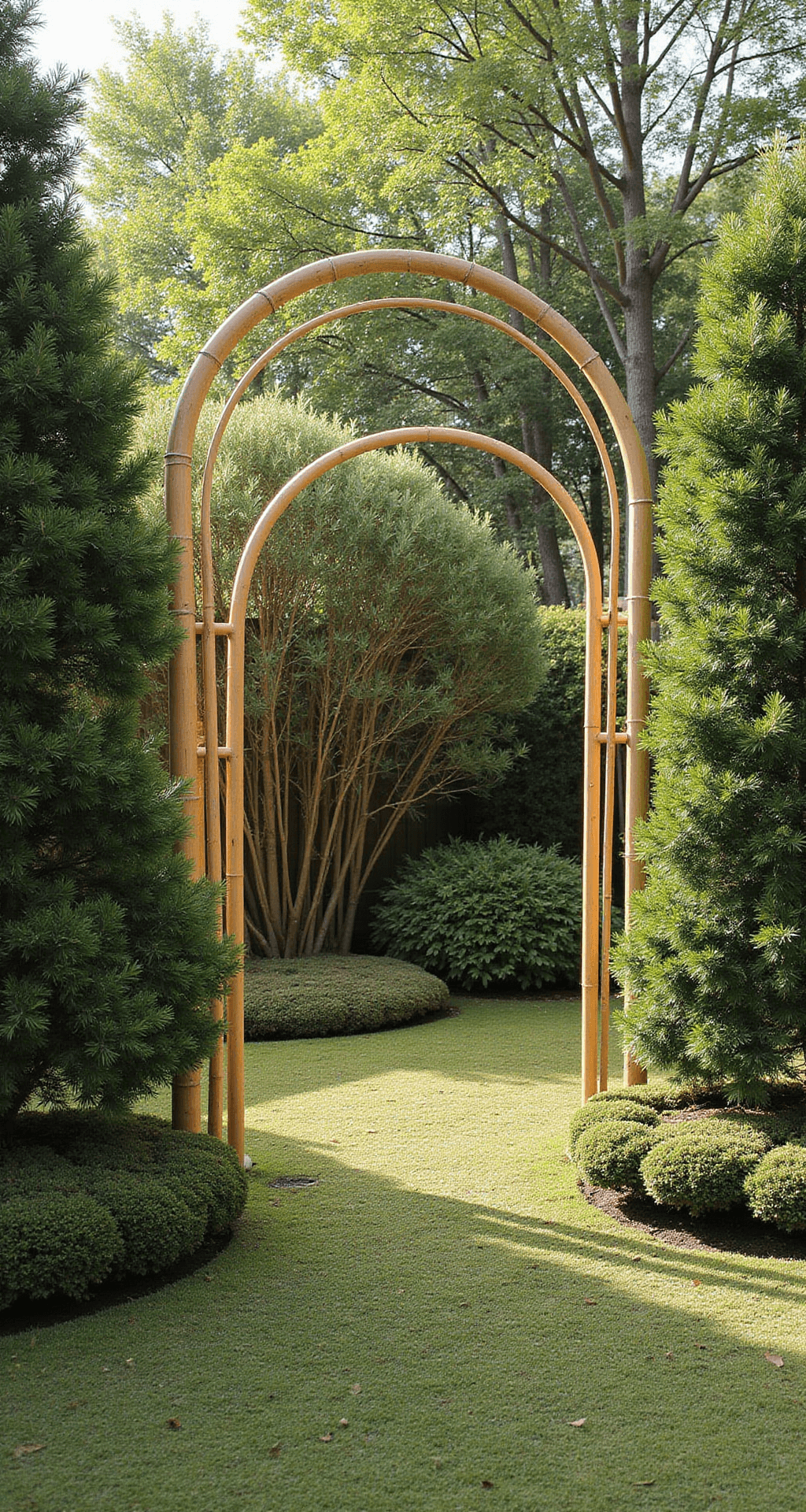 Garden Arches: Transform Your Outdoor Space into a Magical Retreat A serene modern Japanese garden featuring an 8-foot curved bamboo archway surrounded by cloud-pruned evergreens and a moss garden, illuminated by early morning side lighting, all captured from ground level to highlight the vertical lines in a Zen minimalist aesthetic.