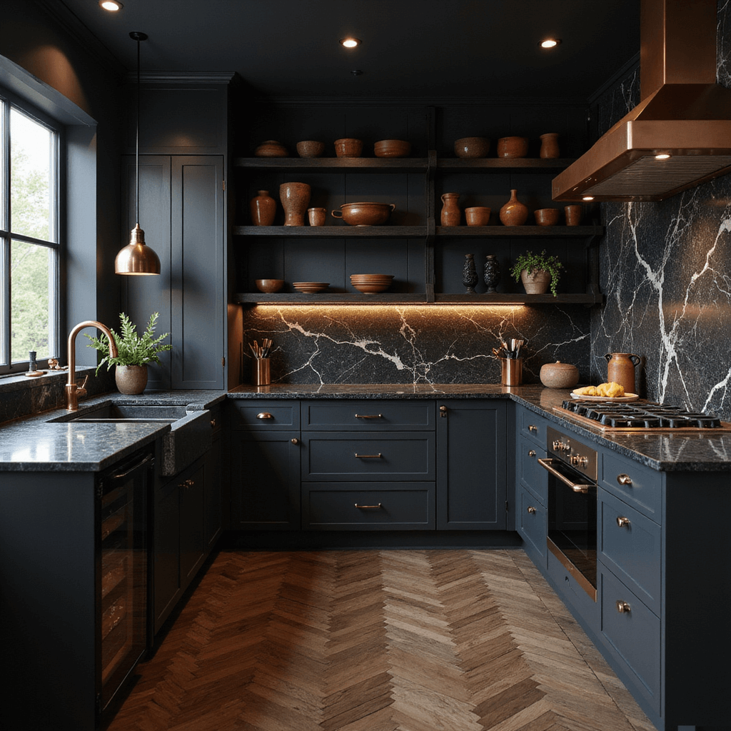 Crafting the Perfect Dark Aesthetic Home: A Comprehensive Guide to Moody, Sophisticated Interiors A modern dark kitchen featuring matte black cabinets, veined black marble countertops, and a copper hood, highlighted by aged brass pendant lights. Blackened steel open shelving displays earthy ceramics against dark herringbone wood floors, all illuminated by morning light that enhances reflections and textures.