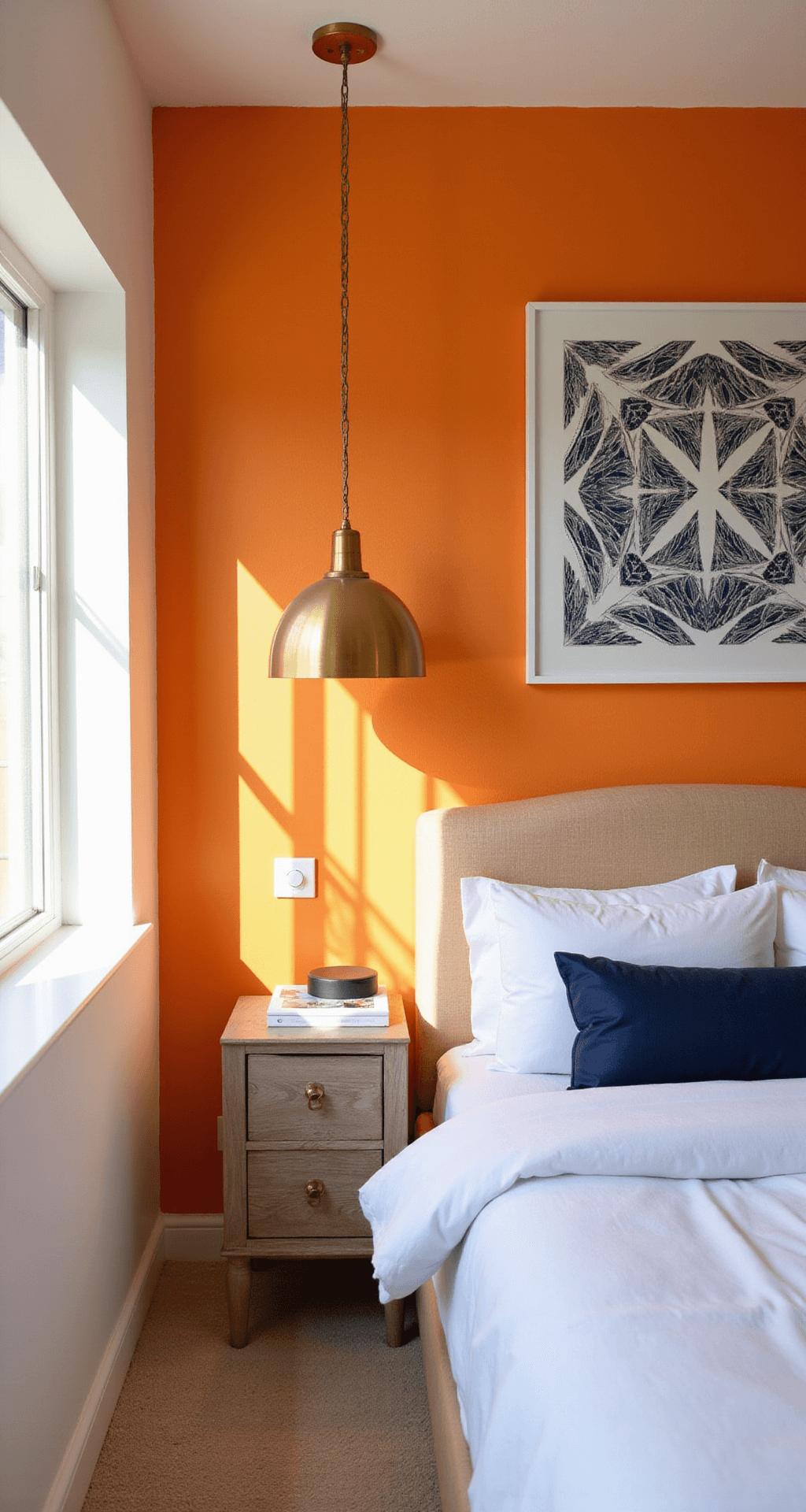 Orange Bedroom Walls: Transform Your Space with Warmth and Energy A bright guest bedroom featuring a citrus orange accent wall, white bedding, navy blue accents, contemporary geometric artwork, and brass pendant lights, captured from a corner angle to highlight the spacious design and vibrant colors.