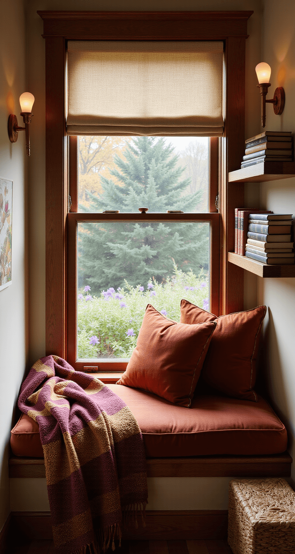 Perennial Bulbs: Your Guide to Effortless, Stunning Garden Color Year After Year Cozy reading nook in an 8'x10' alcove adorned with autumn colors; features a window seat with rust-colored velvet cushions, a view of a nerine flower bed, warm copper wall sconces, and vintage botanical books on floating shelves, complemented by a handwoven throw in deep burgundy and gold, all captured in warm, inviting light.