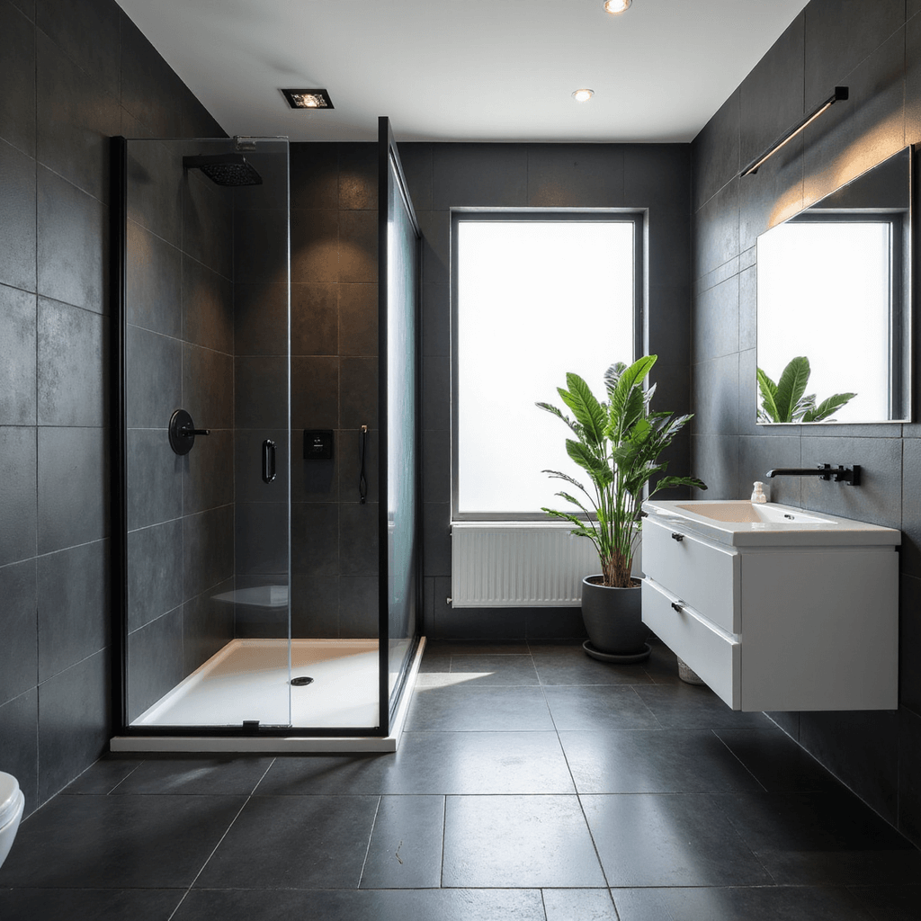 Black Bathroom Design Ideas: Unleashing Elegance in Darkness A modern minimalist bathroom featuring matte black porcelain tiles, a floating white vanity, and a sleek black-framed shower enclosure, illuminated by morning light through a frosted window, with a large mirror, chrome fixtures, and a potted snake plant.
