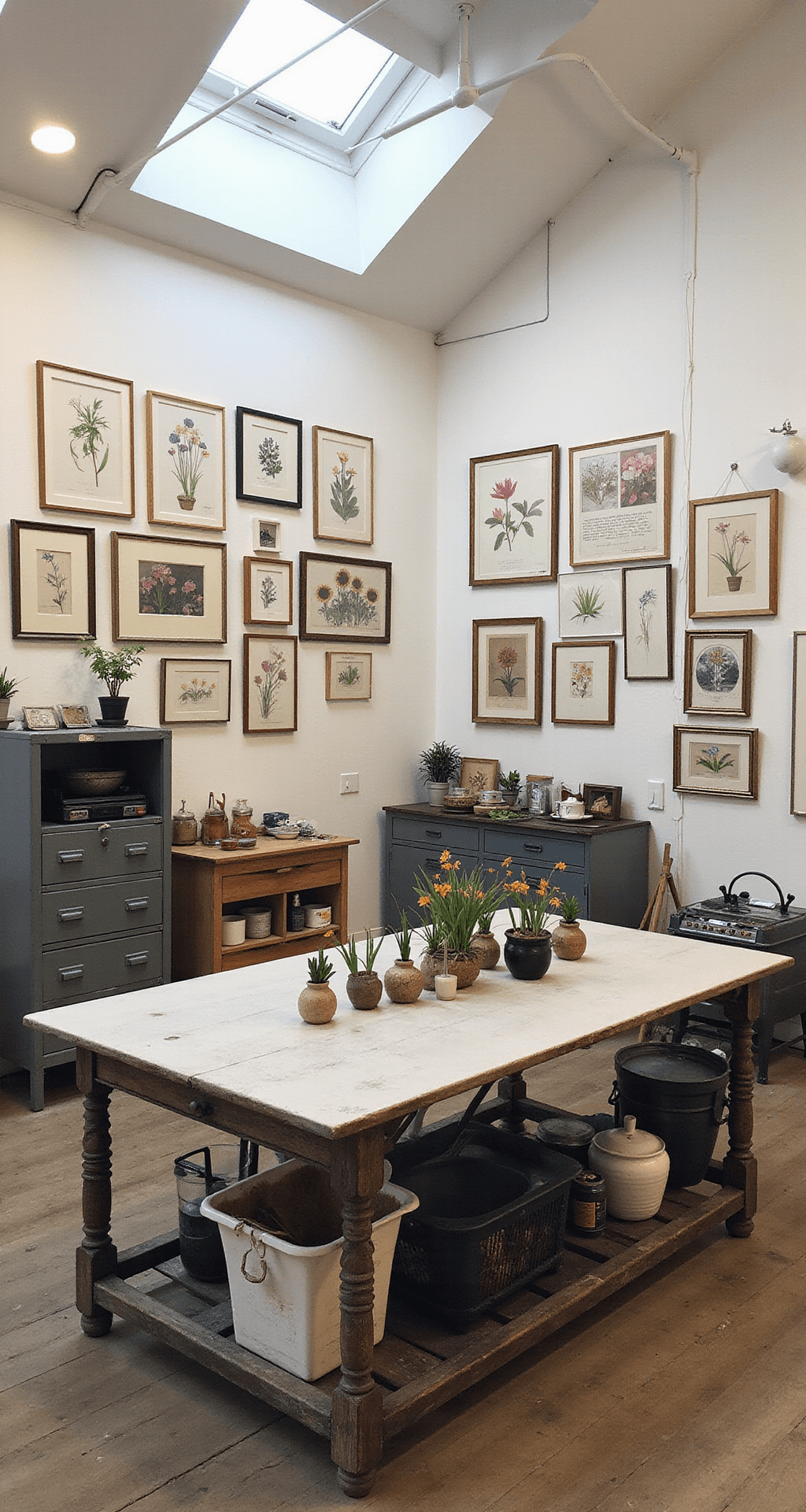 Perennial Bulbs: Your Guide to Effortless, Stunning Garden Color Year After Year A bright artist's studio featuring north-facing clerestory windows, showcasing a gallery wall filled with framed pressed flowers and botanical sketches. A large farmhouse table is at the center, displaying autumn crocus in vintage vessels, surrounded by industrial-style metal storage units for gardening supplies. The elevated angle captures the organized creative workspace, illuminated by soft, consistent north light.