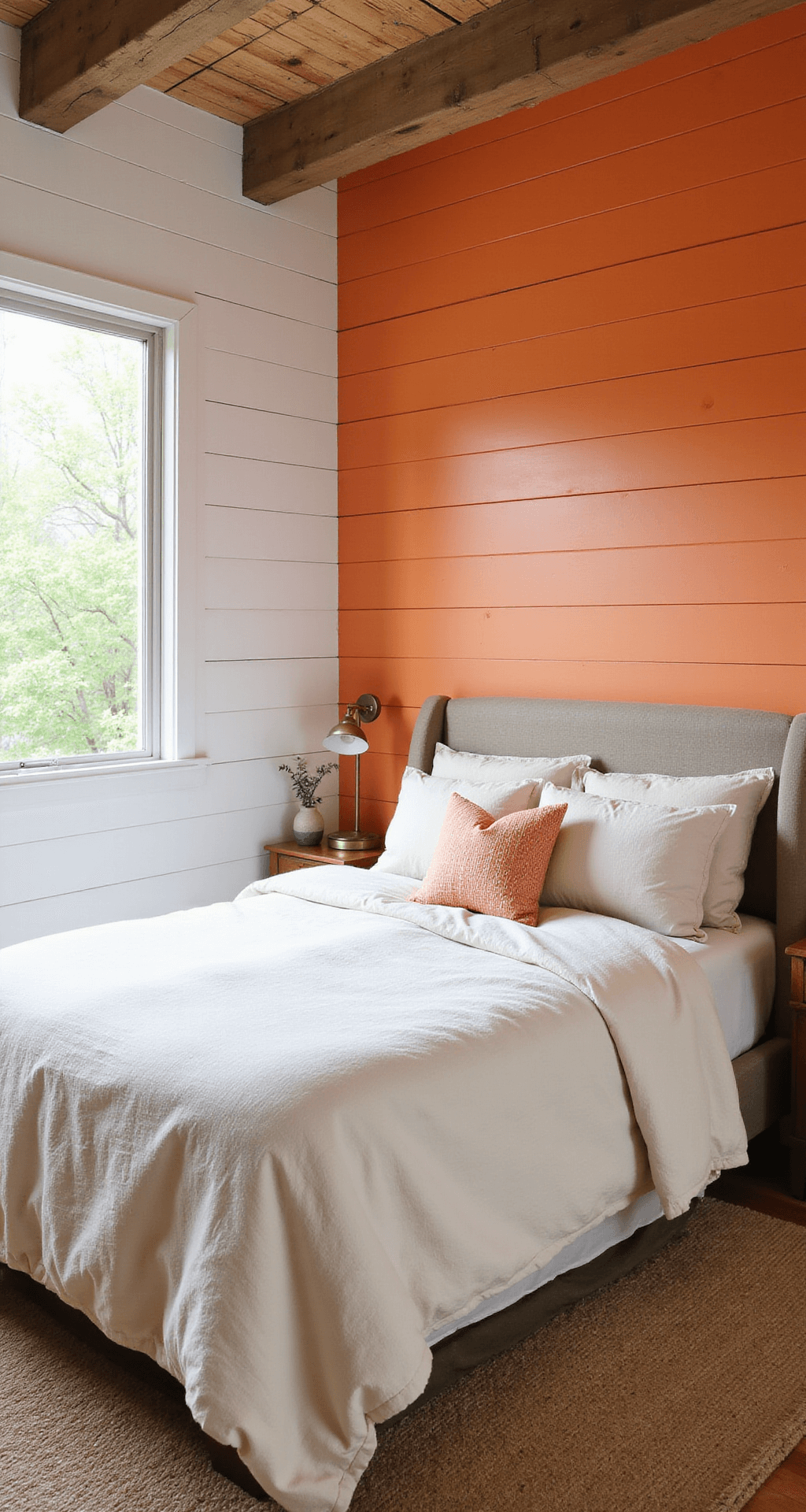 Orange Bedroom Walls: Transform Your Space with Warmth and Energy Cozy 13x15ft modern farmhouse bedroom with a single orange accent wall, white shiplap walls, wooden beam ceiling, and cream linen bedding accented with copper and brass details.