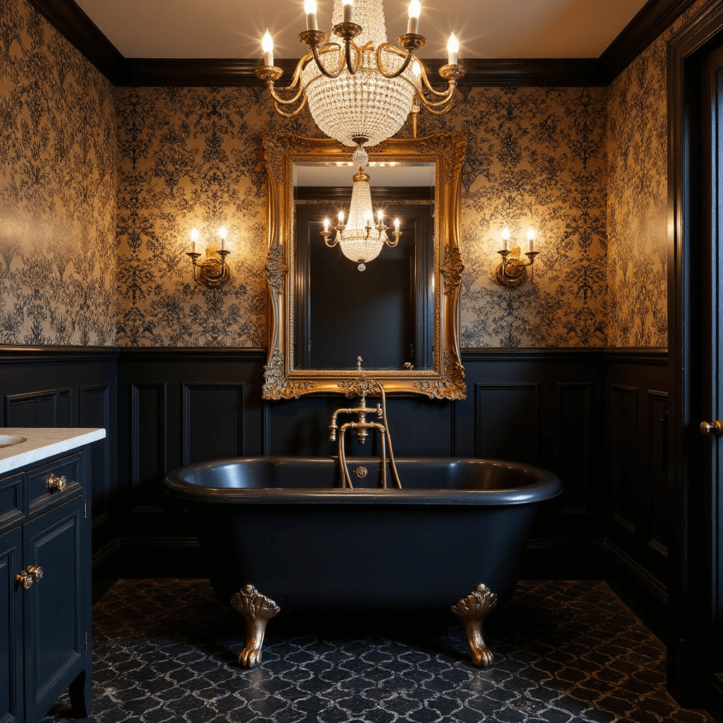 Black Bathroom Design Ideas: Unleashing Elegance in Darkness A vintage glamour ensuite bathroom featuring a freestanding black clawfoot tub beneath a crystal chandelier, ornate black and gold wallpaper above black wainscoting, an antique brass faucet, and a gold-framed mirror, all captured during golden hour with warm lighting and a moody atmosphere.