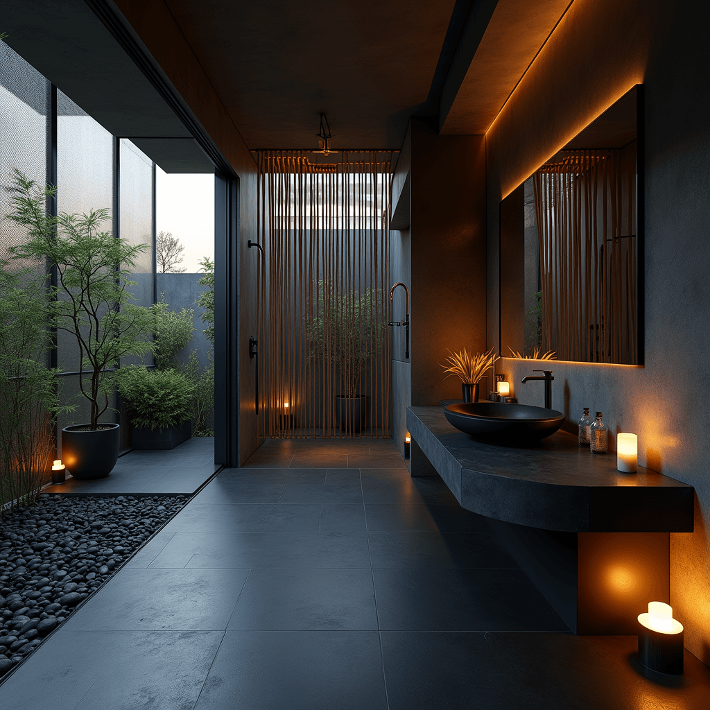 Black Bathroom Design Ideas: Unleashing Elegance in Darkness A tranquil master bathroom at dusk featuring black slate flooring, a walk-in shower with bamboo screens, a floating black stone vanity, tall potted bamboo plants, and a matte black Japanese soaking tub, all highlighted by soft indirect lighting and a serene atmosphere.