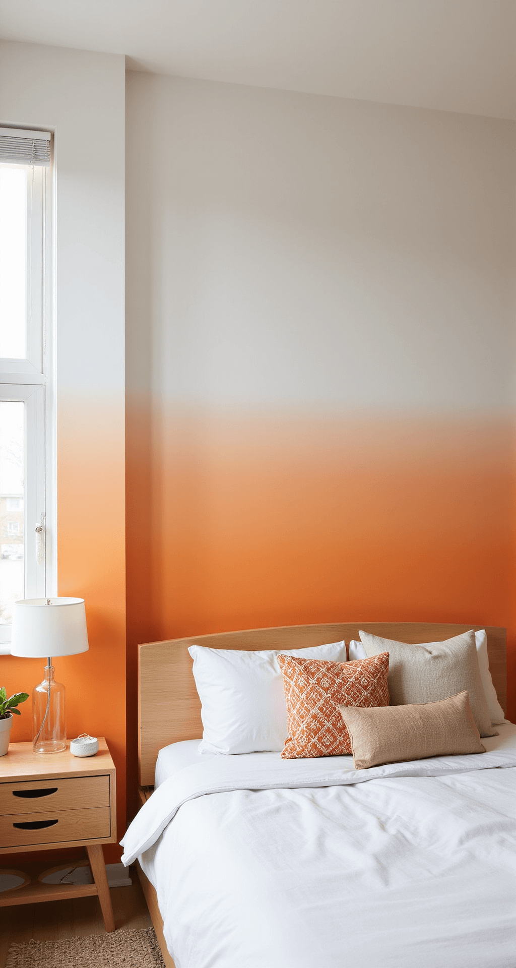 Orange Bedroom Walls: Transform Your Space with Warmth and Energy A minimalist bedroom featuring a gradient orange-to-white ombré wall, blonde wood furniture, and white linens. Morning light casts an ethereal glow, while geometric patterns in the throw pillows and area rug enhance the clean aesthetic. The image is captured from a corner with a tilt-shift lens, highlighting the wall treatment and spatial depth.