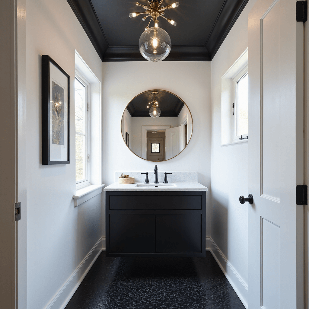 Black Bathroom Design Ideas: Unleashing Elegance in Darkness A contemporary black accent powder room featuring a statement black ceiling with a sputnik chandelier, an oversized round mirror, white walls, and dramatic black penny tile floor. The floating black vanity has a waterfall quartz countertop, complemented by matte black faucet and hardware. The vertical lines and afternoon light create crisp shadows, while a glass globe pendant casts interesting light patterns, and black-framed artwork adds personality.